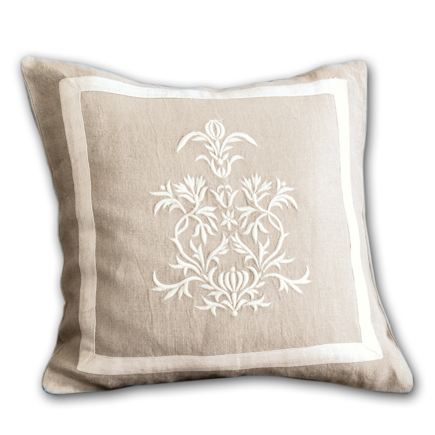 Copricuscino Many Cuscino beige in lino con ricamo bianco e bordo, cuscino decorativo per soggiorno e camera