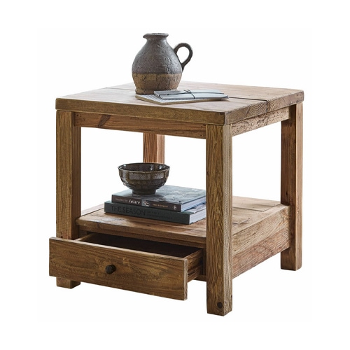 Tavolino quadrato in legno naturale con cassetto e ripiano, mobile rustico per soggiorno