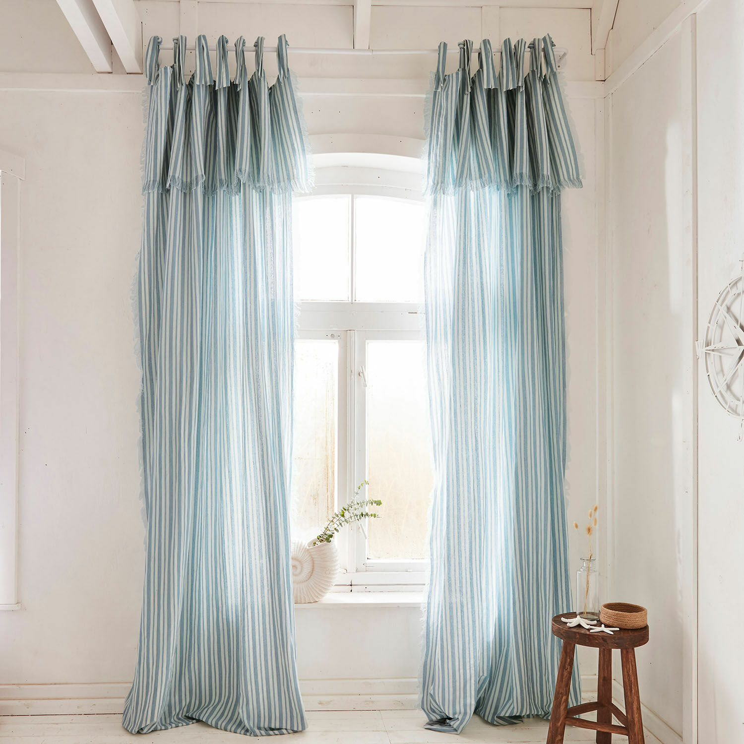 Tenda Anjoutey Tende a righe azzurre e bianche in cotone, decorazione finestra luminosa, stile marinaro