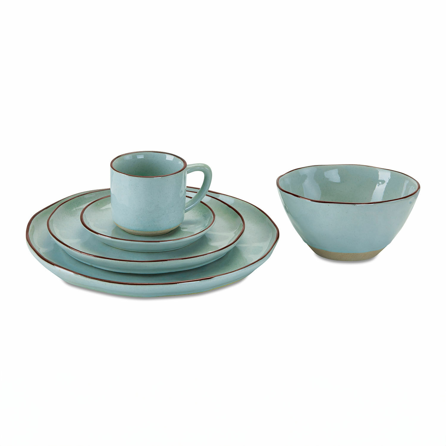 Set di 30 stoviglie Biarré Set di stoviglie in ceramica azzurra con bordo marrone, piatti, tazza e ciotola