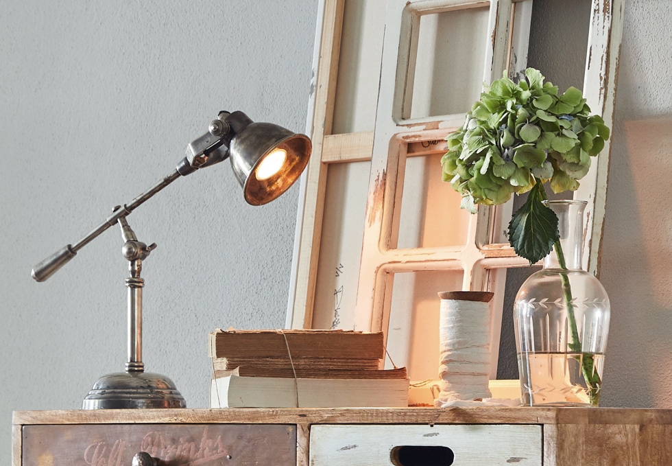 Lampada da tavolo in metallo stile industriale su mobile in legno con libri e vaso con fiore verde