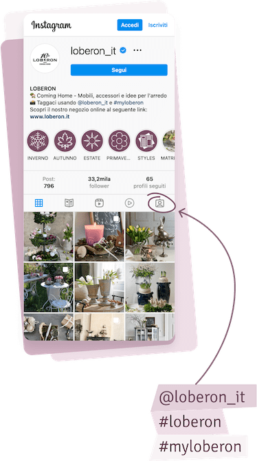 Screenshot del profilo Instagram loberon_it con post su arredamento e mobili