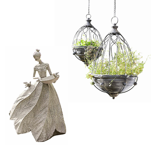 Figura decorativa donna con foglie e due vasi metallici sospesi con piante verdi