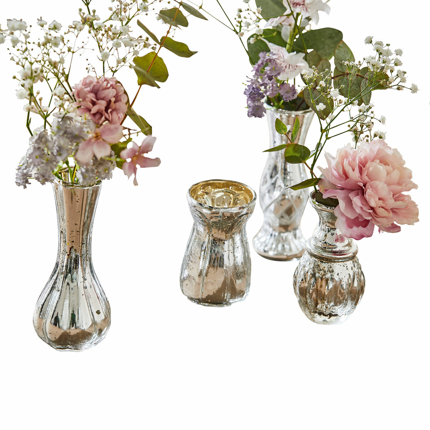 Set di quattro vasi in vetro argentato con fiori decorativi per interni