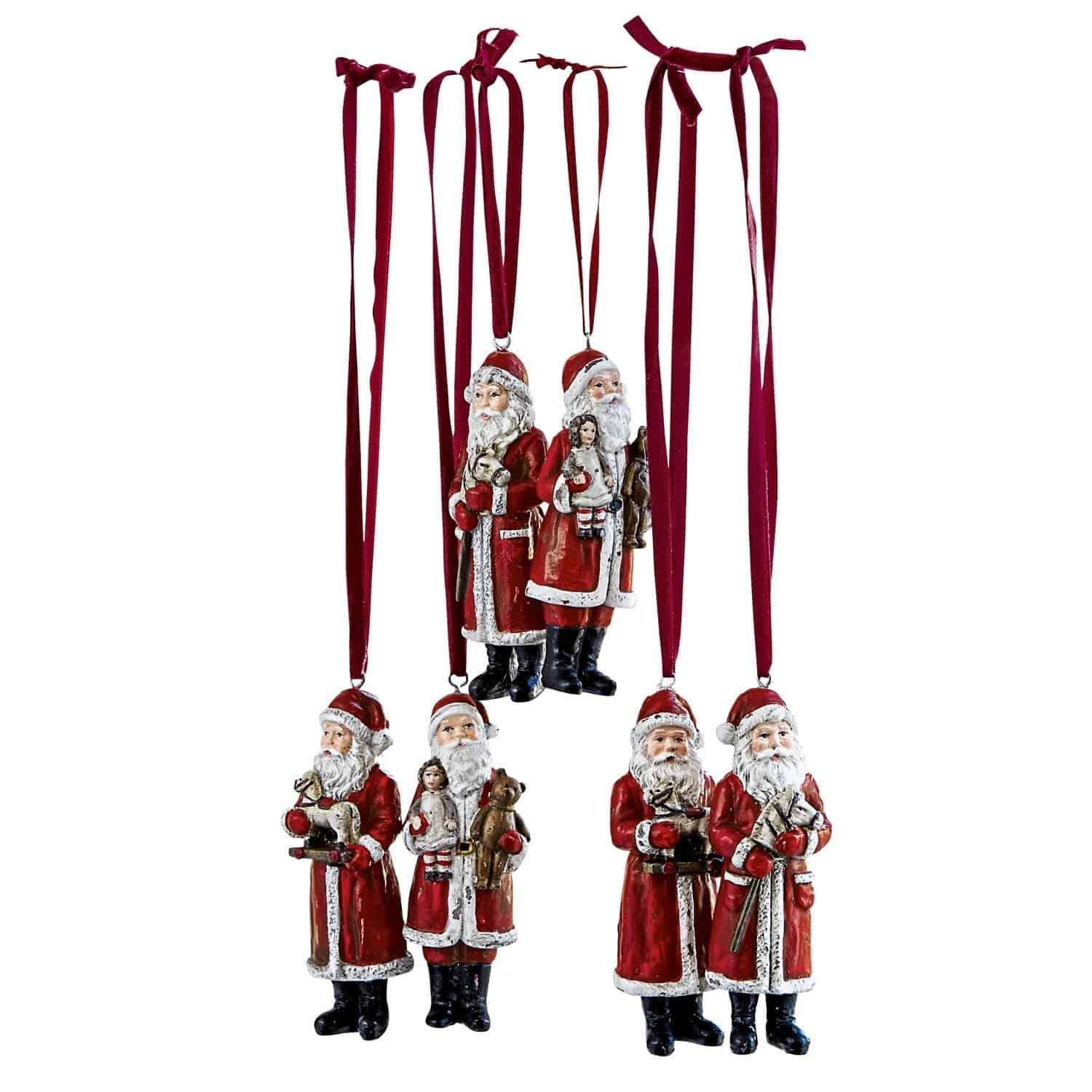 Set di 6 Babbi Natale Corvin Set di decorazioni natalizie Babbo Natale rosse in materiale con nastri per appendere
