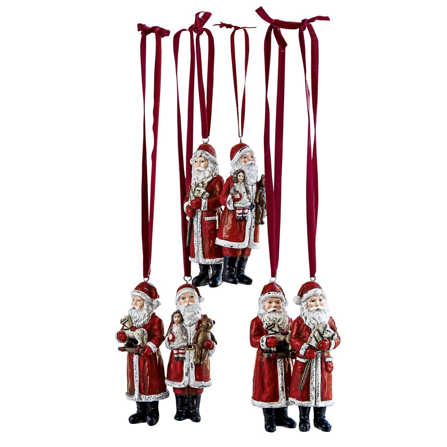 Set di 6 Babbi Natale Corvin Set di decorazioni natalizie Babbo Natale rosse in materiale con nastri per appendere