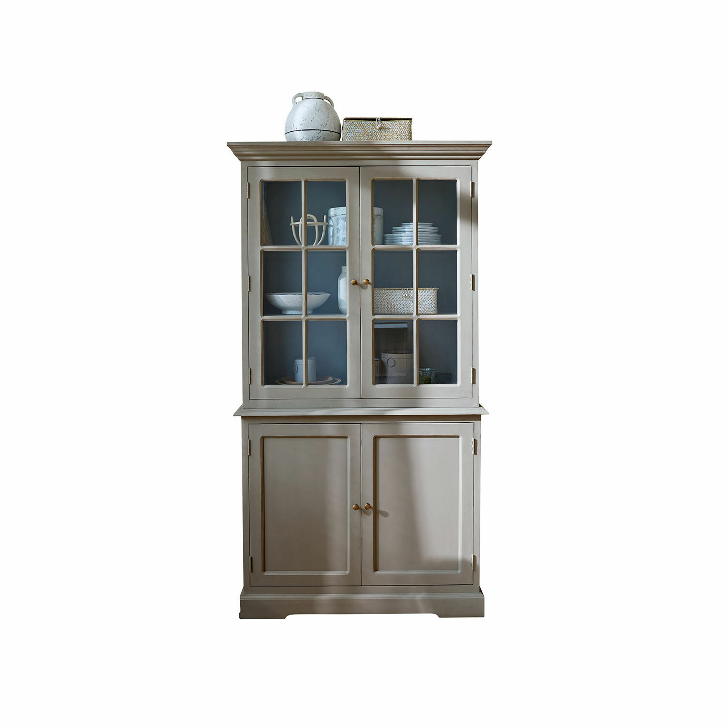 Credenza Rosebrook Vetrina in legno grigia con ante in vetro e ripiani per stoviglie, mobile da soggiorno