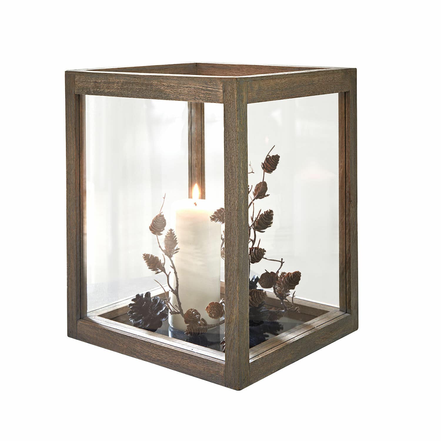 Lanterna Solvik Lanterna in legno con vetro trasparente e candela bianca decorata con pigne, decorazione d'interni