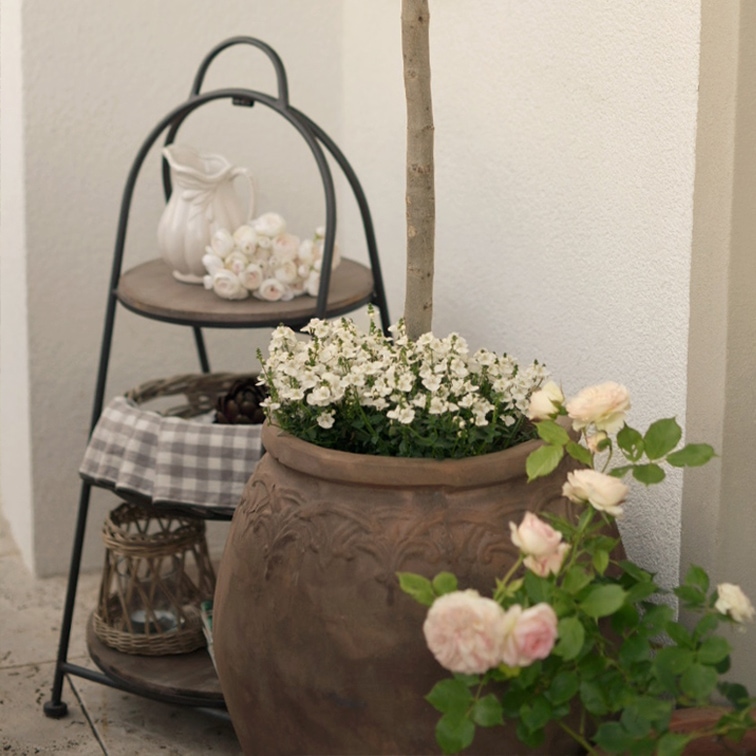 Grande vaso in ceramica con fiori bianchi e rose accanto a scaffale in metallo con brocca e lanterna