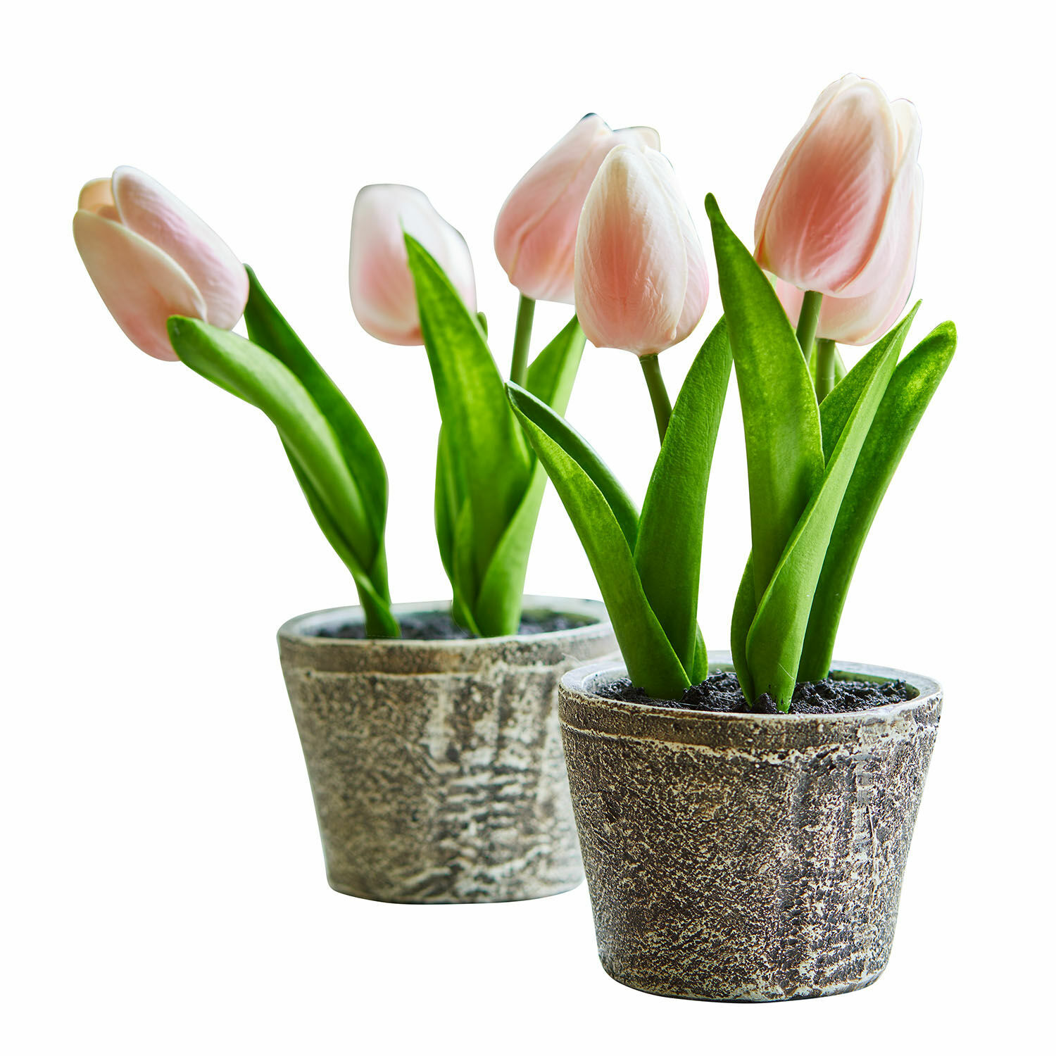 Coppia di vasi con tulipani decorativi Zéphine Tulipani artificiali rosa in vasi grigi per decorazione primaverile da interno