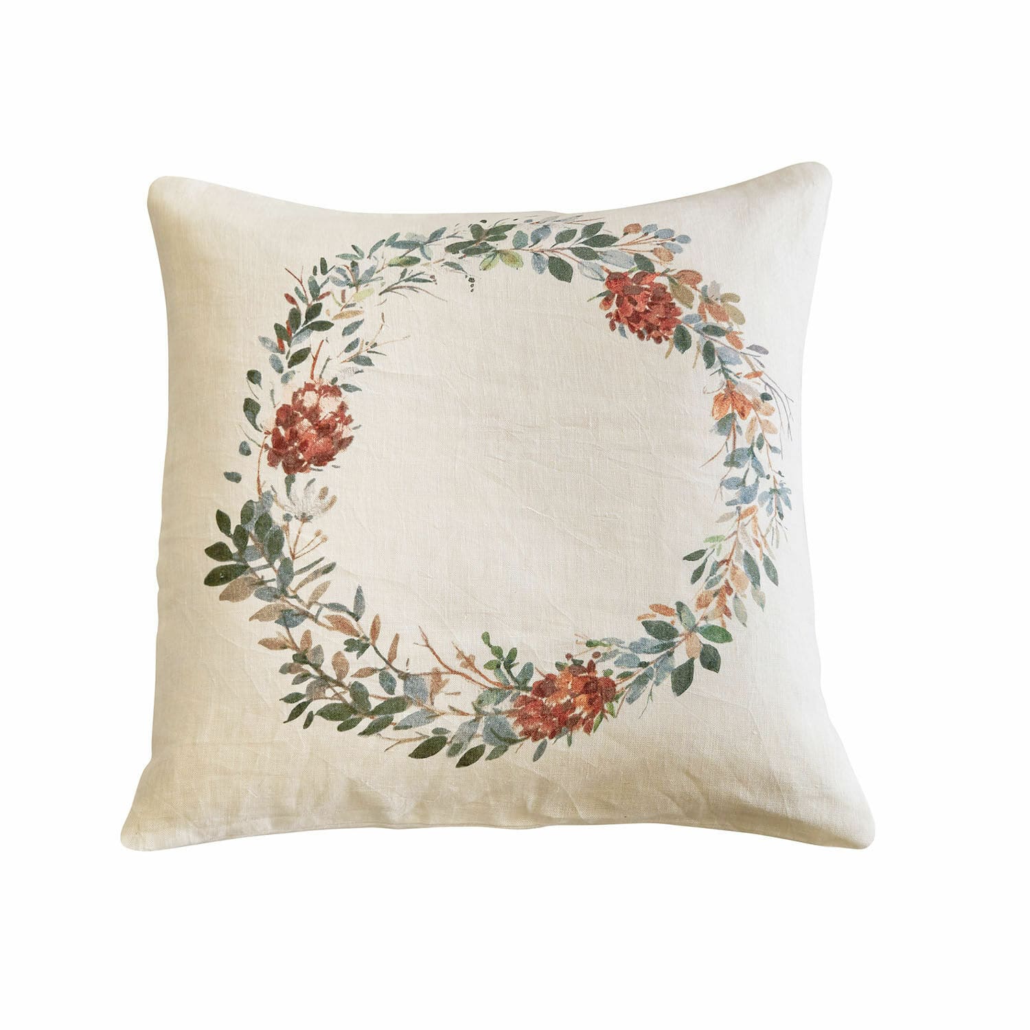 Copricuscino Torge Cuscino beige in lino con corona decorativa di foglie e fiori rossi per soggiorno