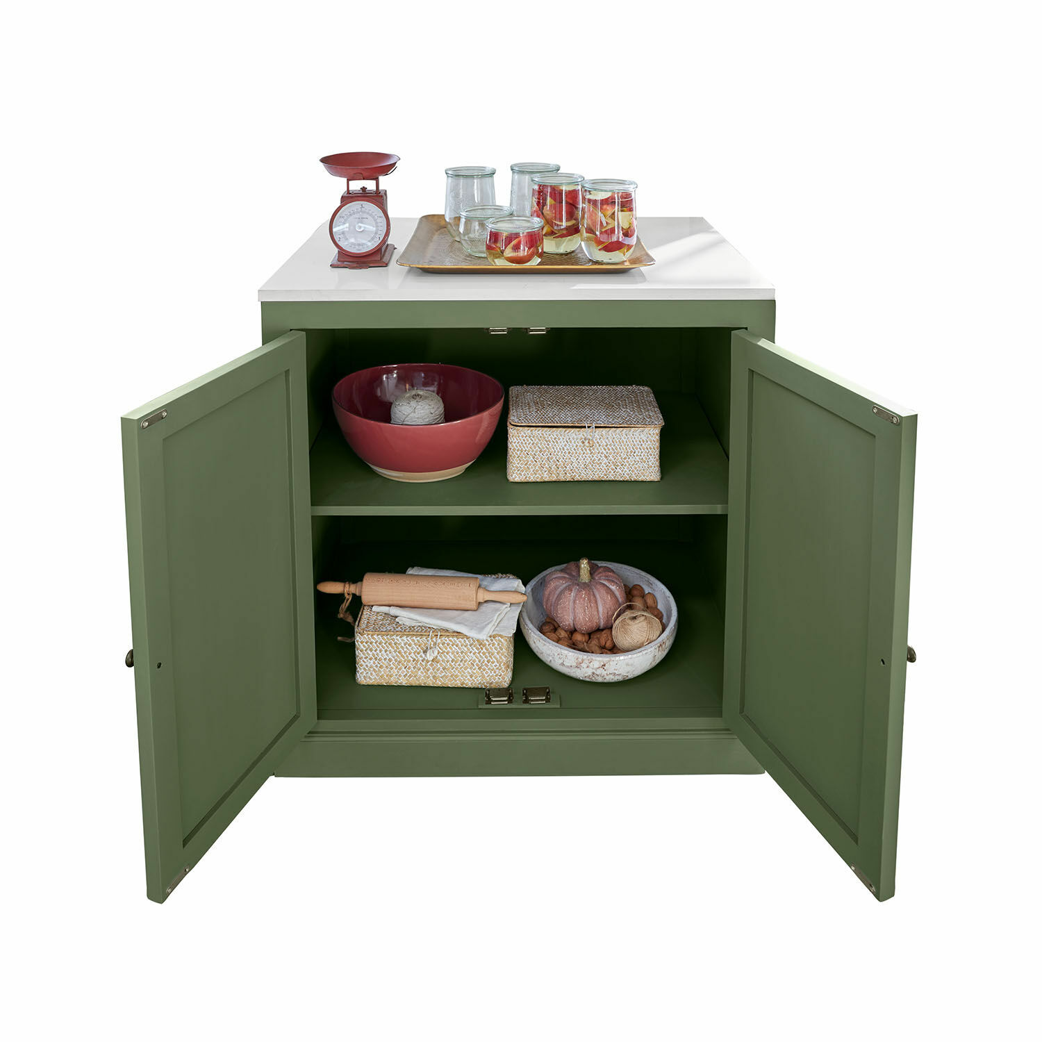 Mobile per la cucina Lansbury Mobile verde con piano bianco, ante aperte, ciotola, scatole e decorazioni da cucina