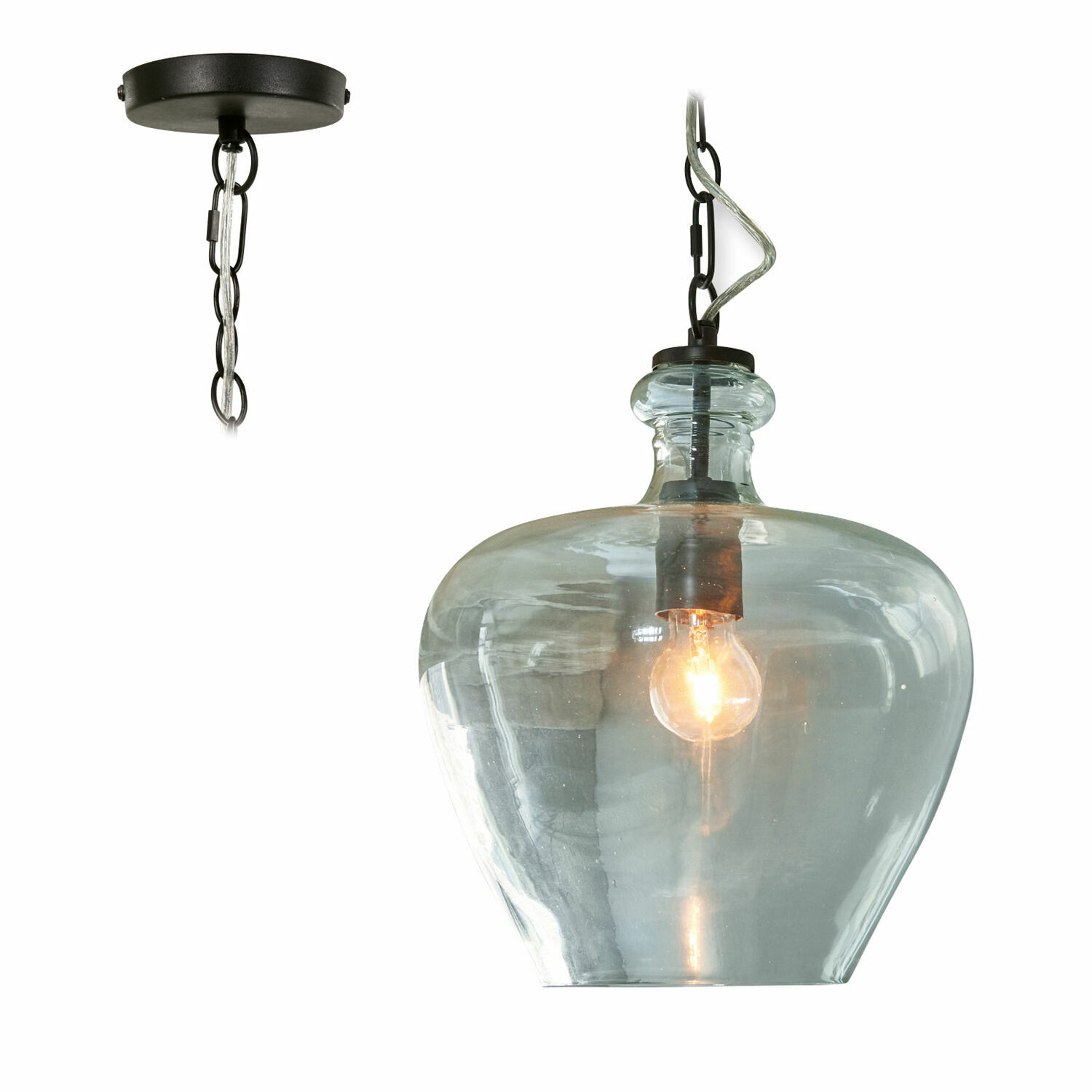 Lampada a sospensione Morazan Lampada a sospensione in vetro con catena metallica nera e lampadina calda per illuminazione interna