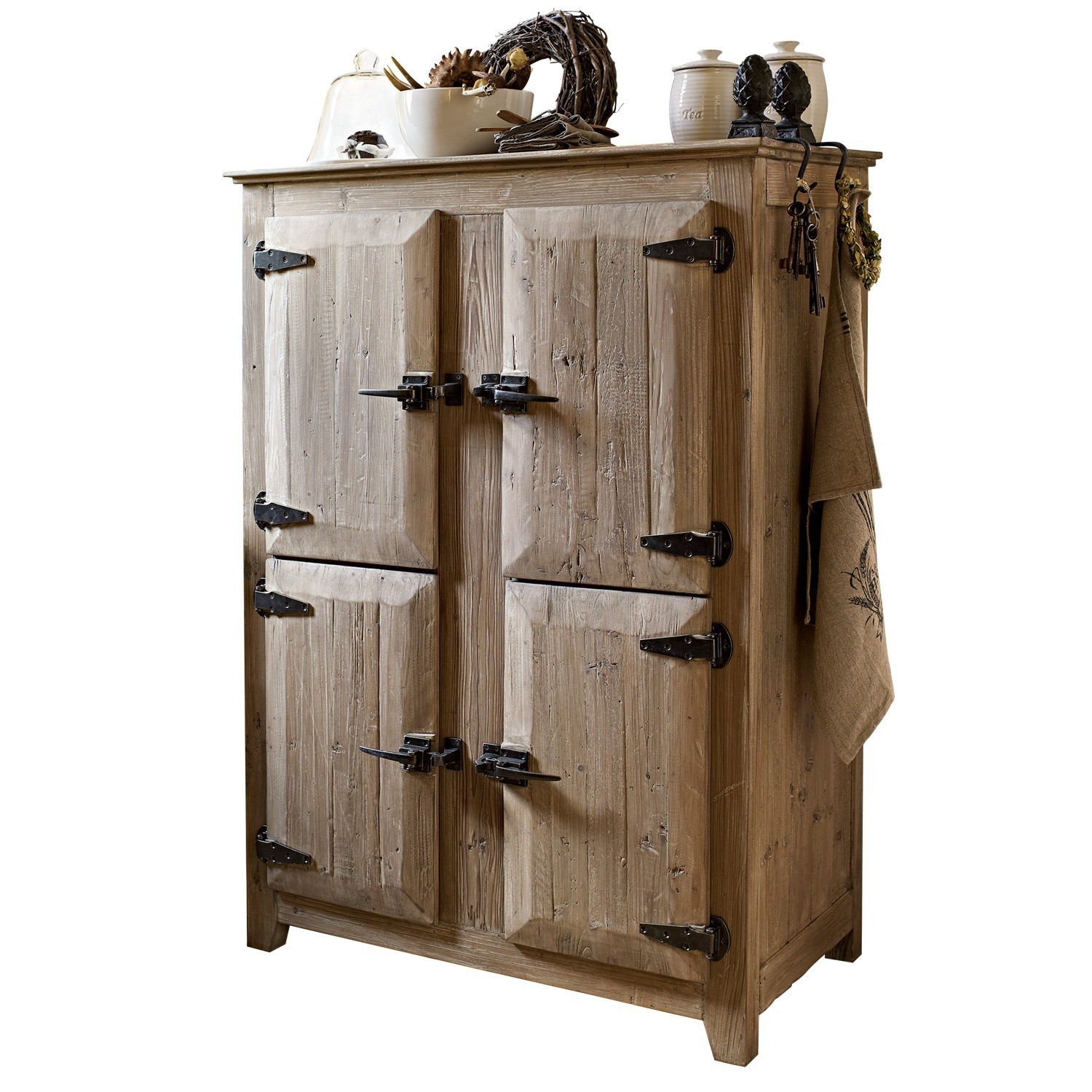 Credenza Centennial Armadio rustico in legno naturale con cerniere e maniglie in metallo, decorazioni sulla parte superiore