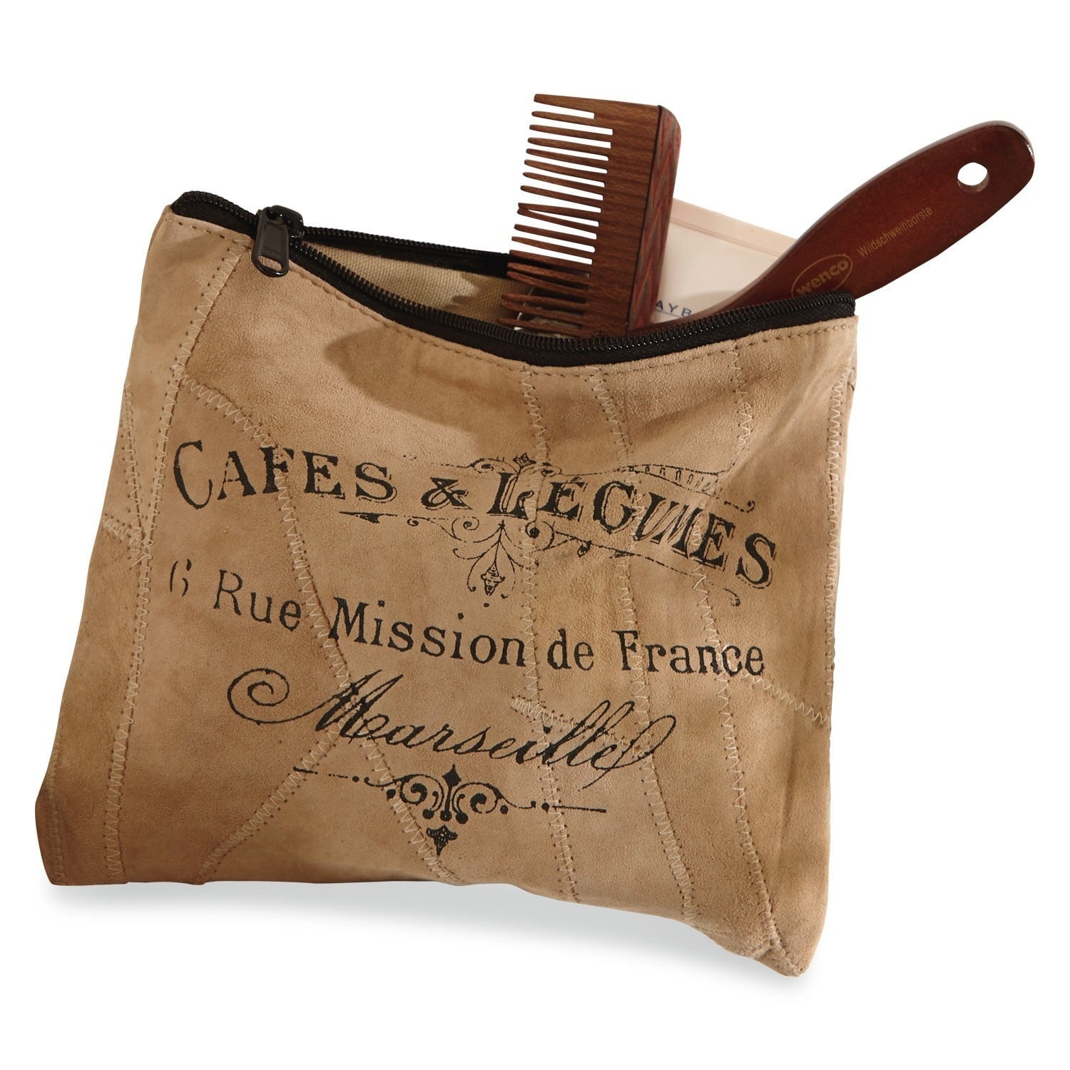 Nécessaire Jeannice Astuccio in pelle beige con stampa di testo francese e cerniera nera