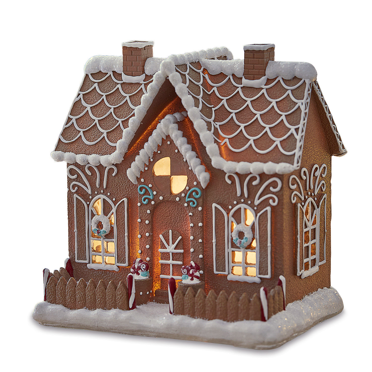 Casetta decorativa Listras Casetta di pan di zenzero decorativa con illuminazione, marrone con decorazioni bianche e colorate, decorazione natalizia