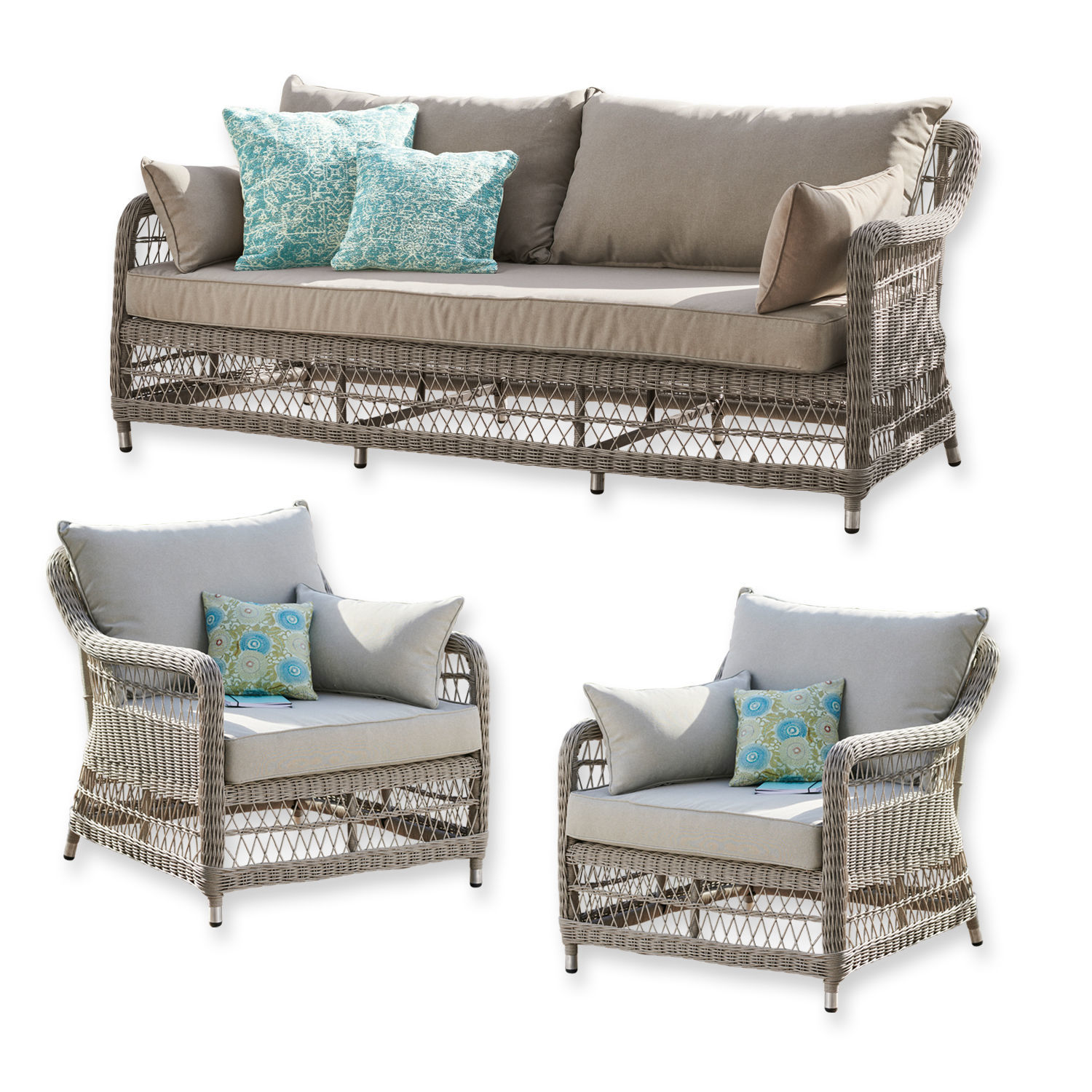 Salotto Tanaiste Set di mobili da giardino in rattan grigio con cuscini beige e cuscini decorativi turchesi con motivi