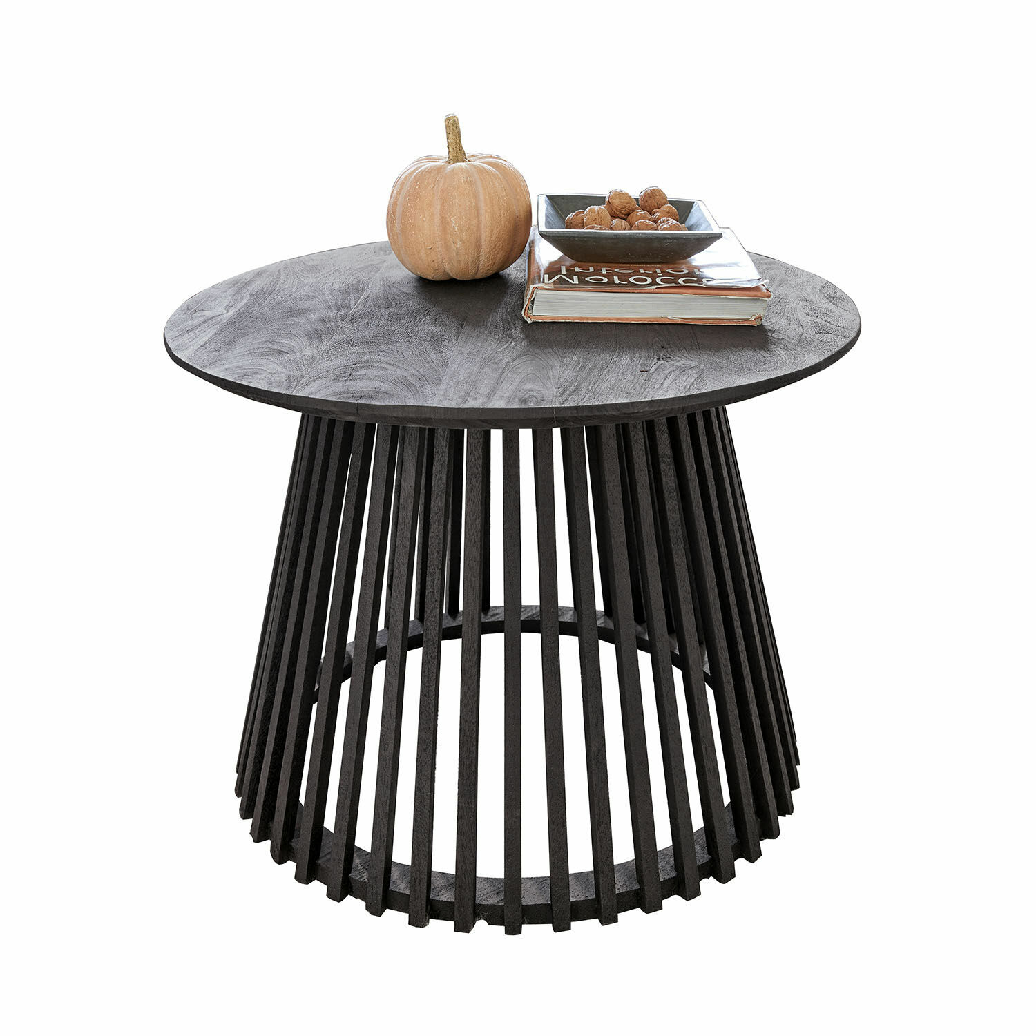 Tavolino da salotto Montaril Tavolino rotondo in legno nero con decorazione di zucca e libro, mobile moderno per soggiorno