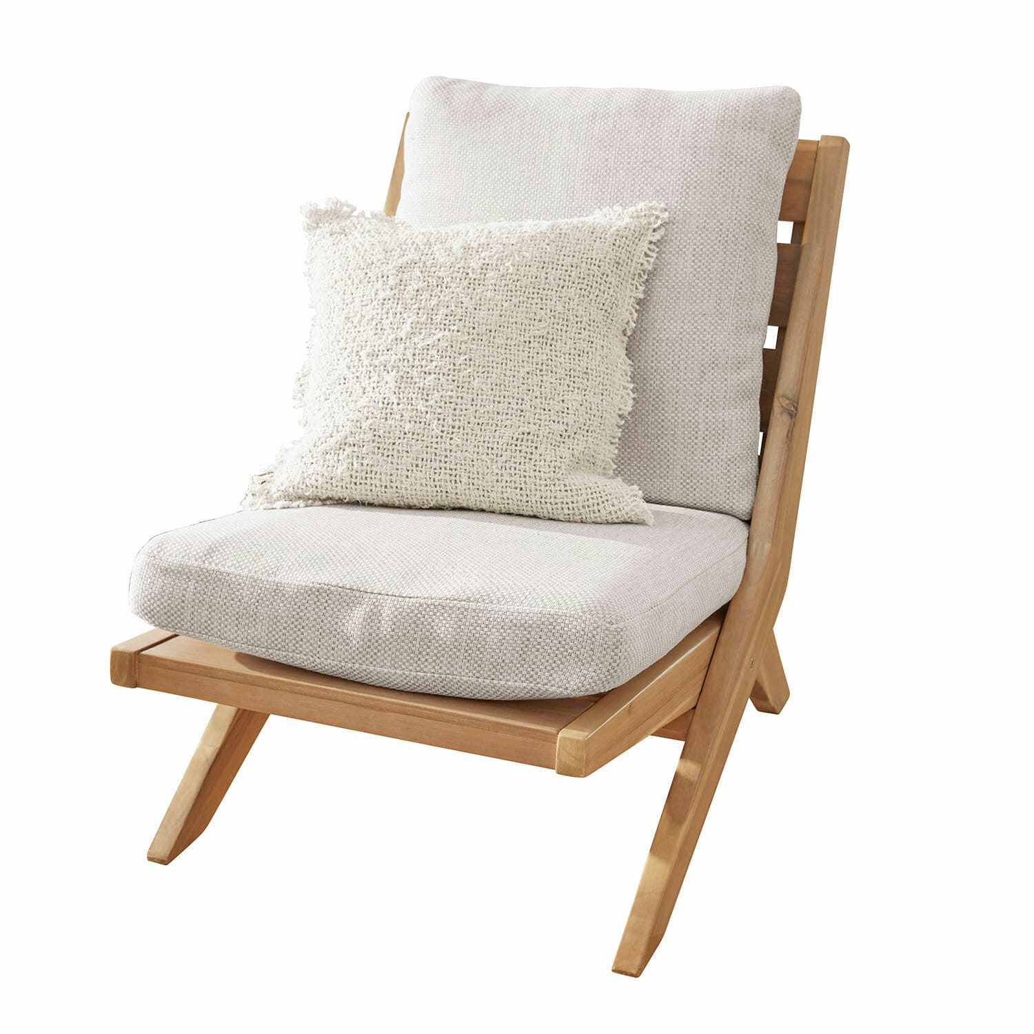 Sedia a sdraio FSC®-100% Montivaux Sedia in legno chiaro con cuscino crema e cuscino decorativo in tessuto, mobile per soggiorno