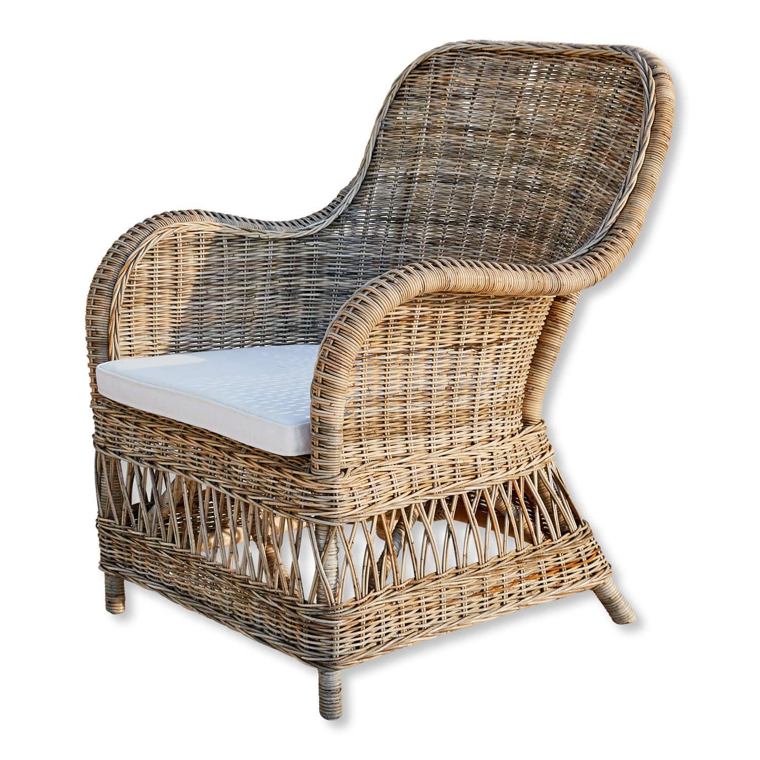 Poltrona Chandevion Poltrona in rattan naturale con cuscino bianco, perfetta per soggiorno e giardino
