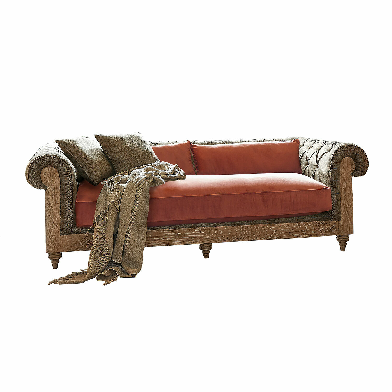 marrone/terracotta Divano Kanani in tessuto marrone con cuscini terracotta e struttura in legno, stile vintage