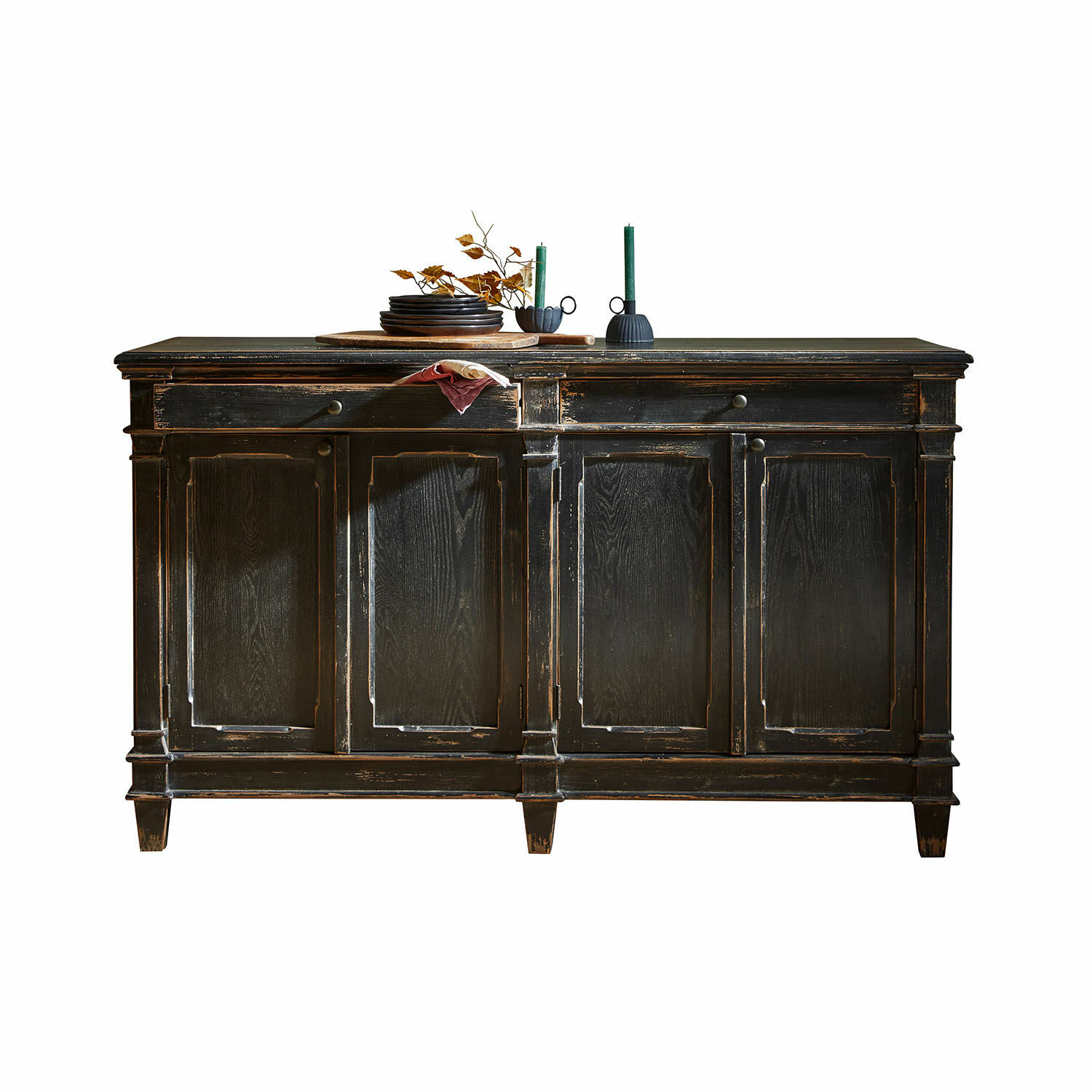 Credenza bassa Chaveline Credenza in legno nero con effetto usurato e quattro ante, stile vintage per soggiorno