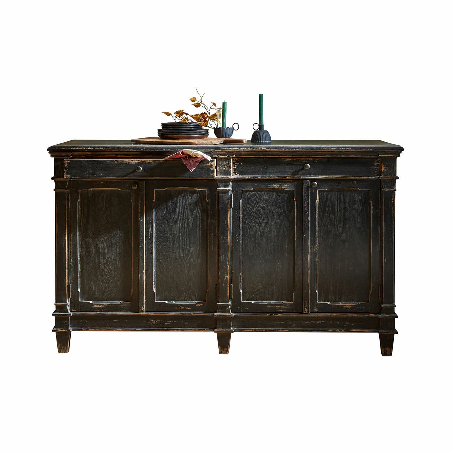Credenza bassa Chaveline Credenza in legno nero con effetto usurato e quattro ante, stile vintage per soggiorno