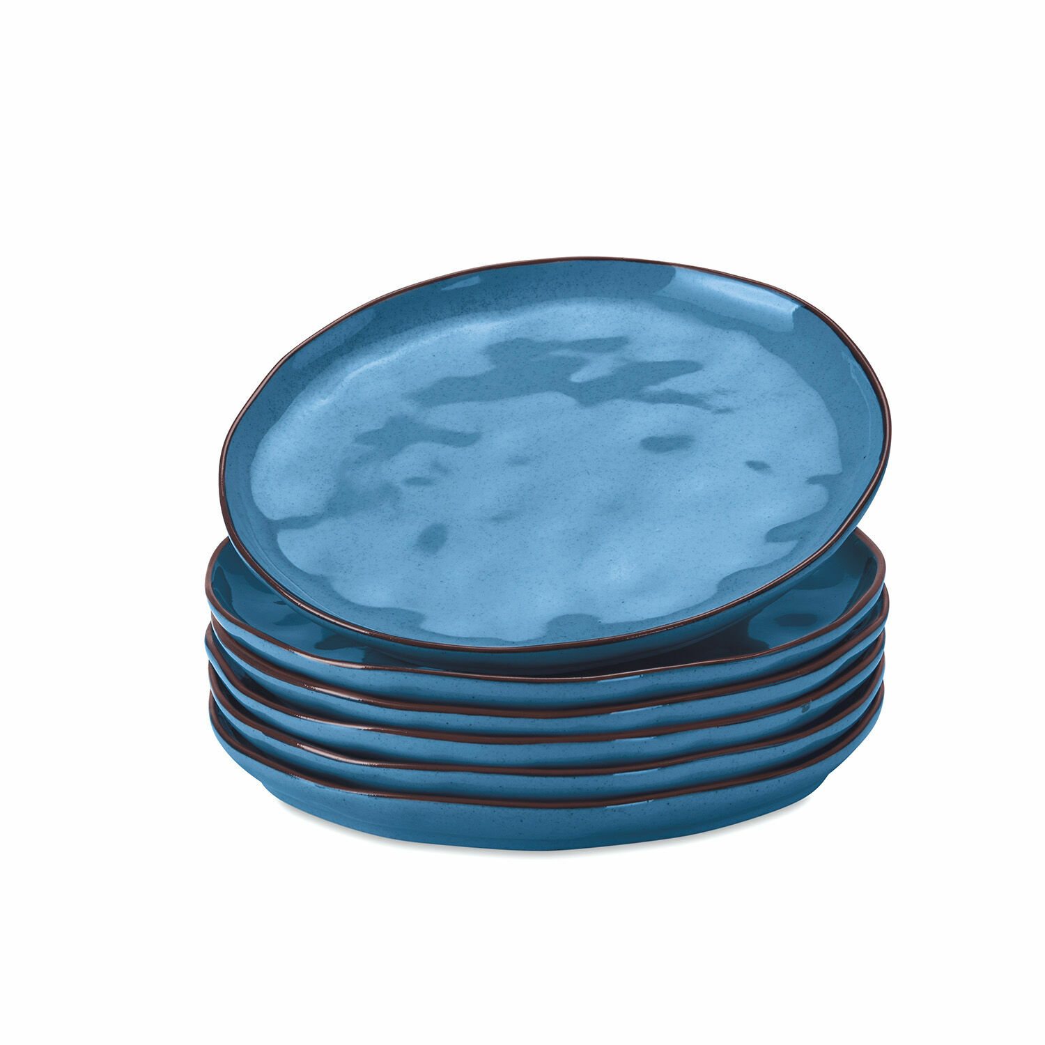 Set di 6 piattini Biarré Set di sei piatti in ceramica blu con bordo marrone per la tavola