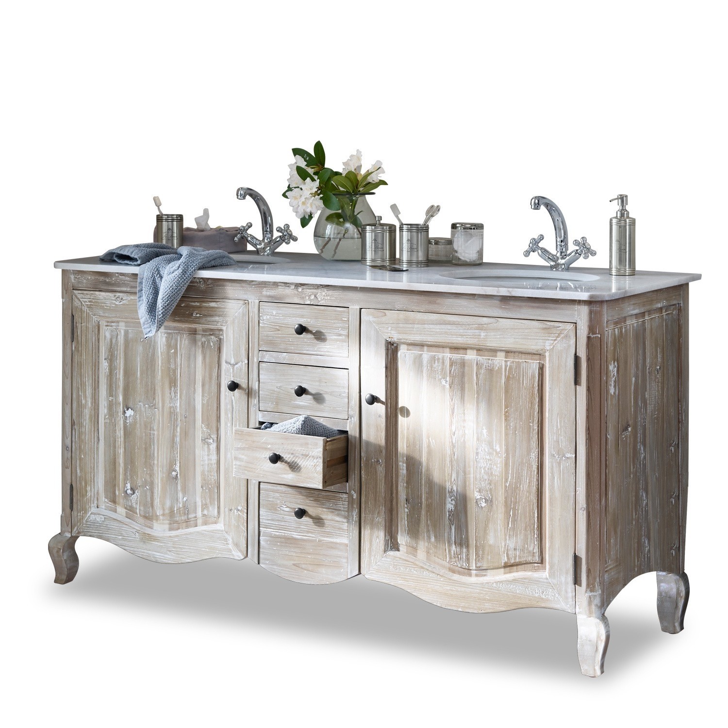 Mobile con doppio lavabo Herrick Mobile bagno in legno con piano bianco e due rubinetti cromati, stile vintage
