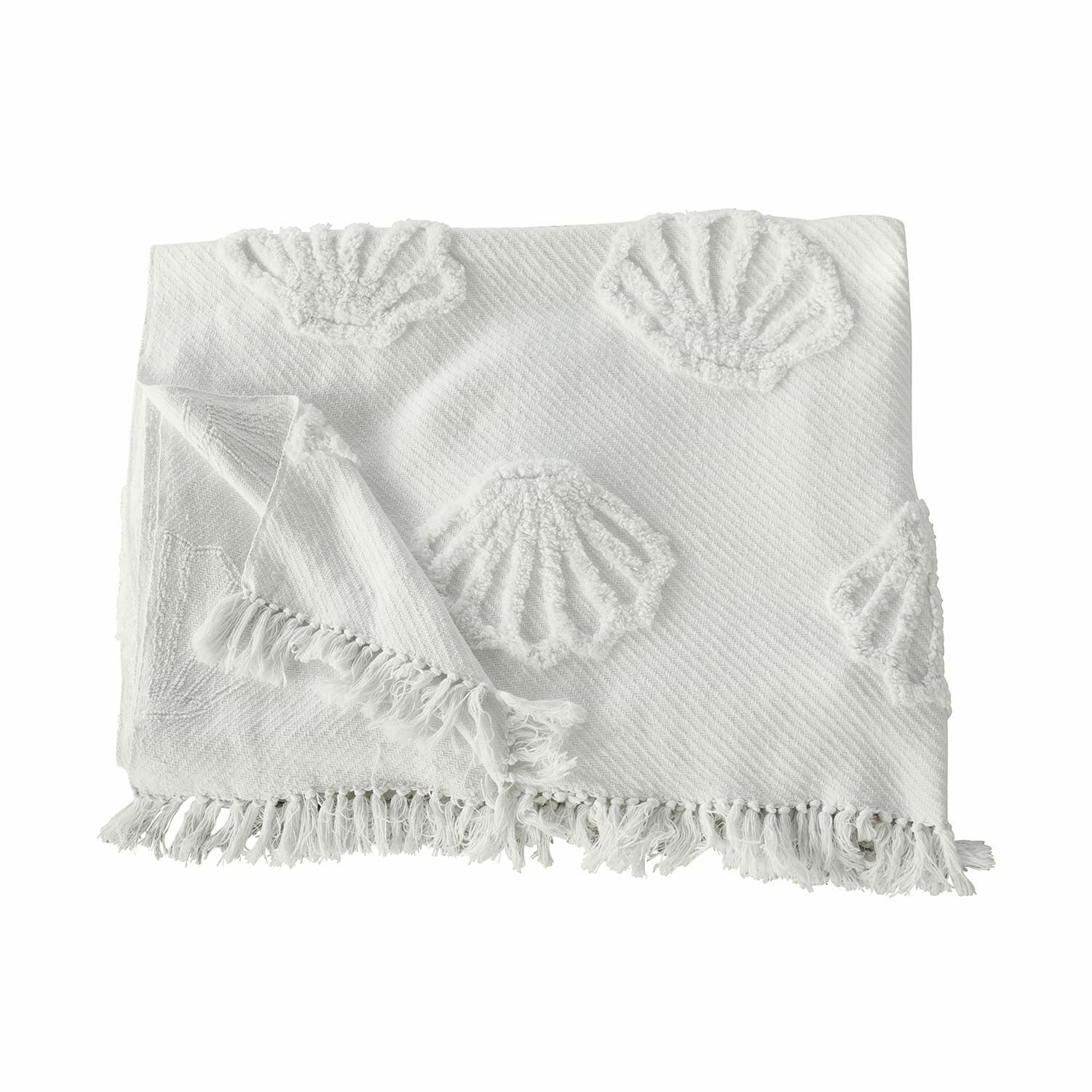 Plaid Saroufa Coperta bianca in cotone con conchiglie decorative e frange, tessuto morbido e decorativo per la casa
