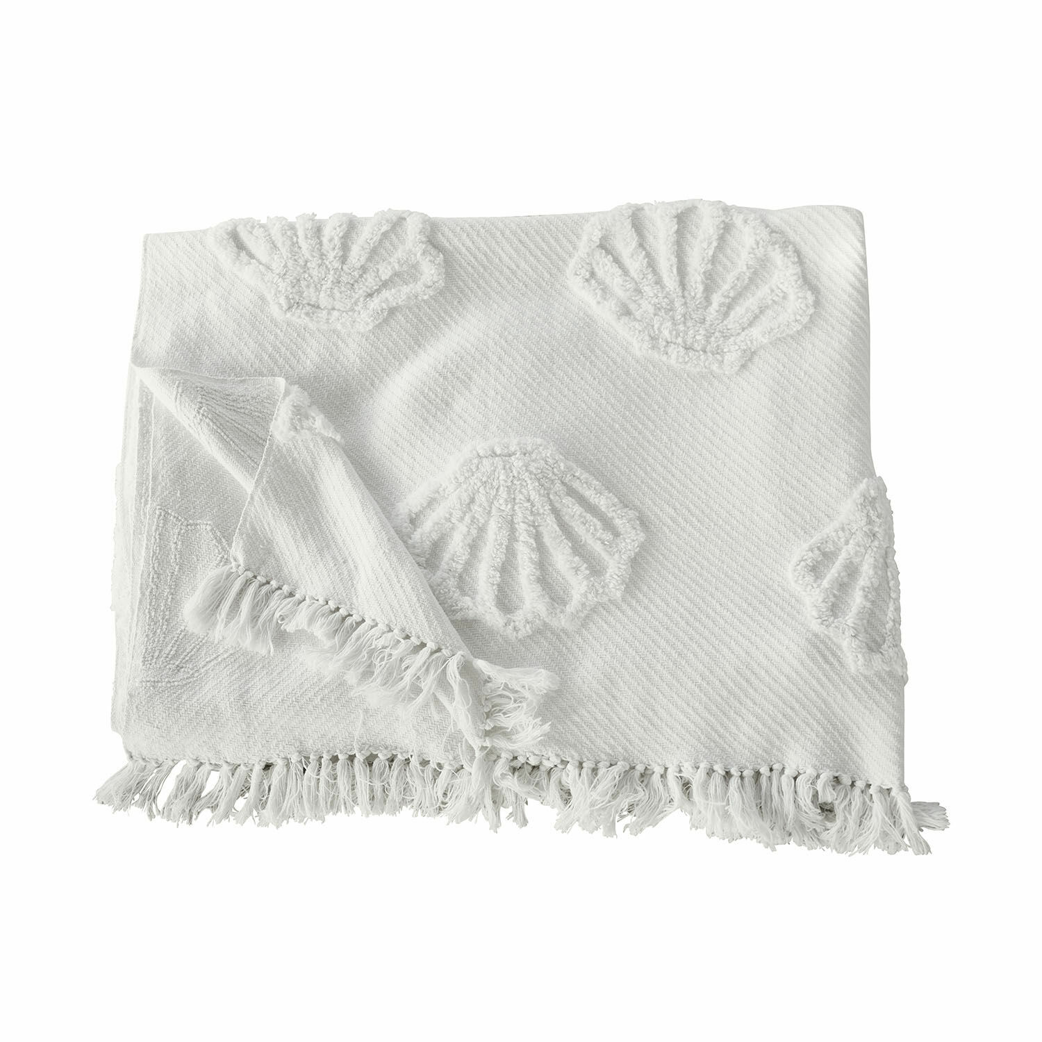 Plaid Saroufa Coperta bianca in cotone con conchiglie decorative e frange, tessuto morbido e decorativo per la casa