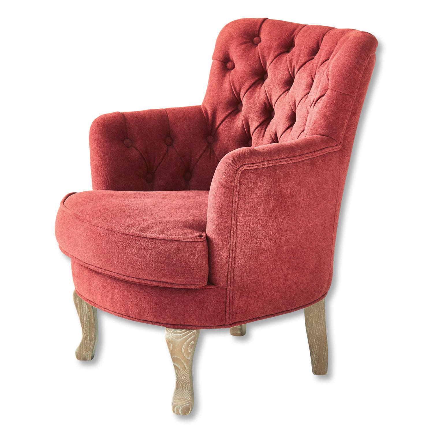 Poltrona Calgary Poltrona rossa imbottita con gambe in legno, comodo arredo per soggiorno