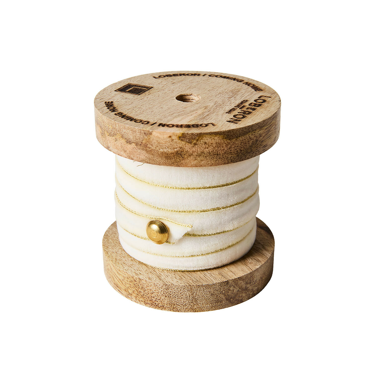 Nastro di velluto Sorima Bobina in legno con nastro in velluto crema e sottile striscia dorata per decorazioni