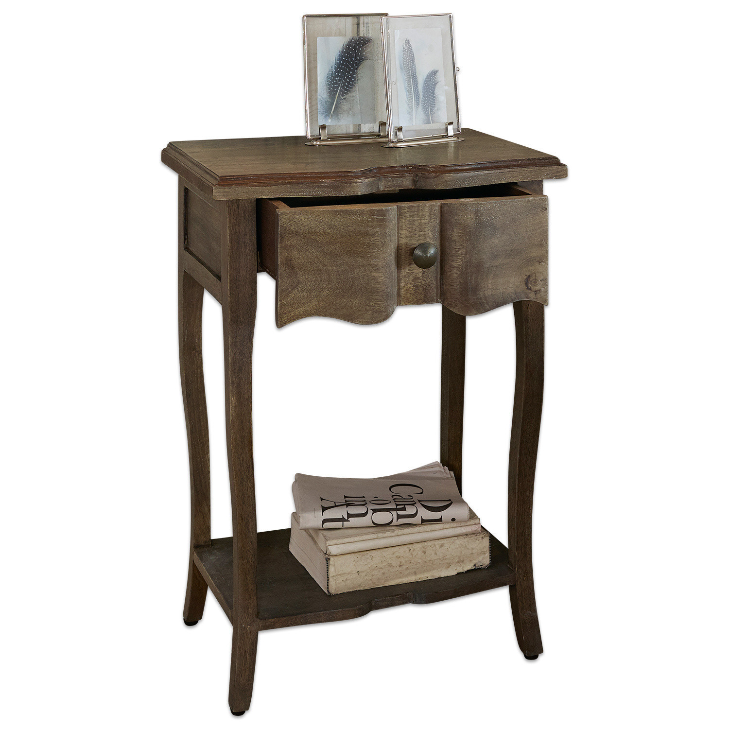 Tavolino di complemento Finstock Tavolino laterale in legno marrone con cassetto e ripiano, mobile elegante per soggiorno