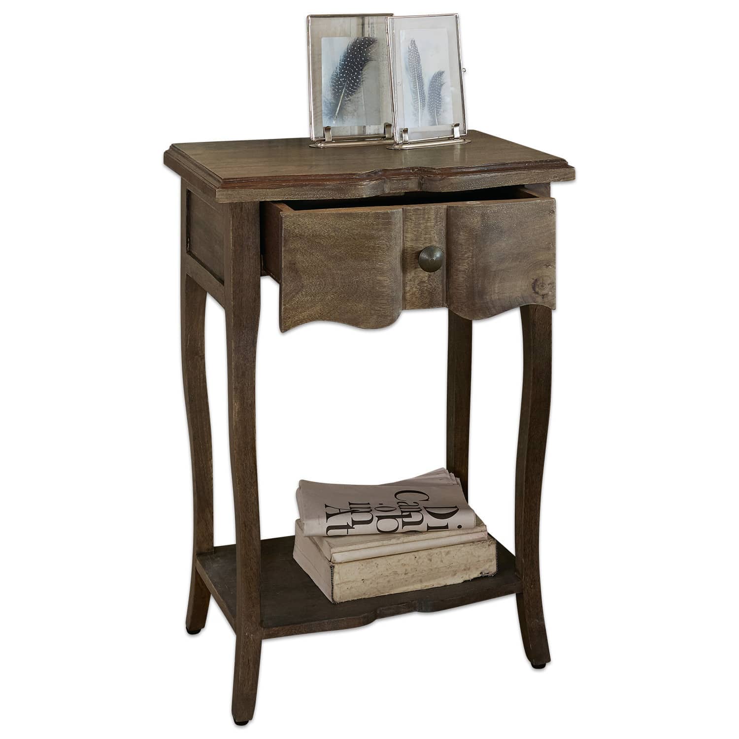 Tavolino di complemento Finstock Tavolino laterale in legno marrone con cassetto e ripiano, mobile elegante per soggiorno