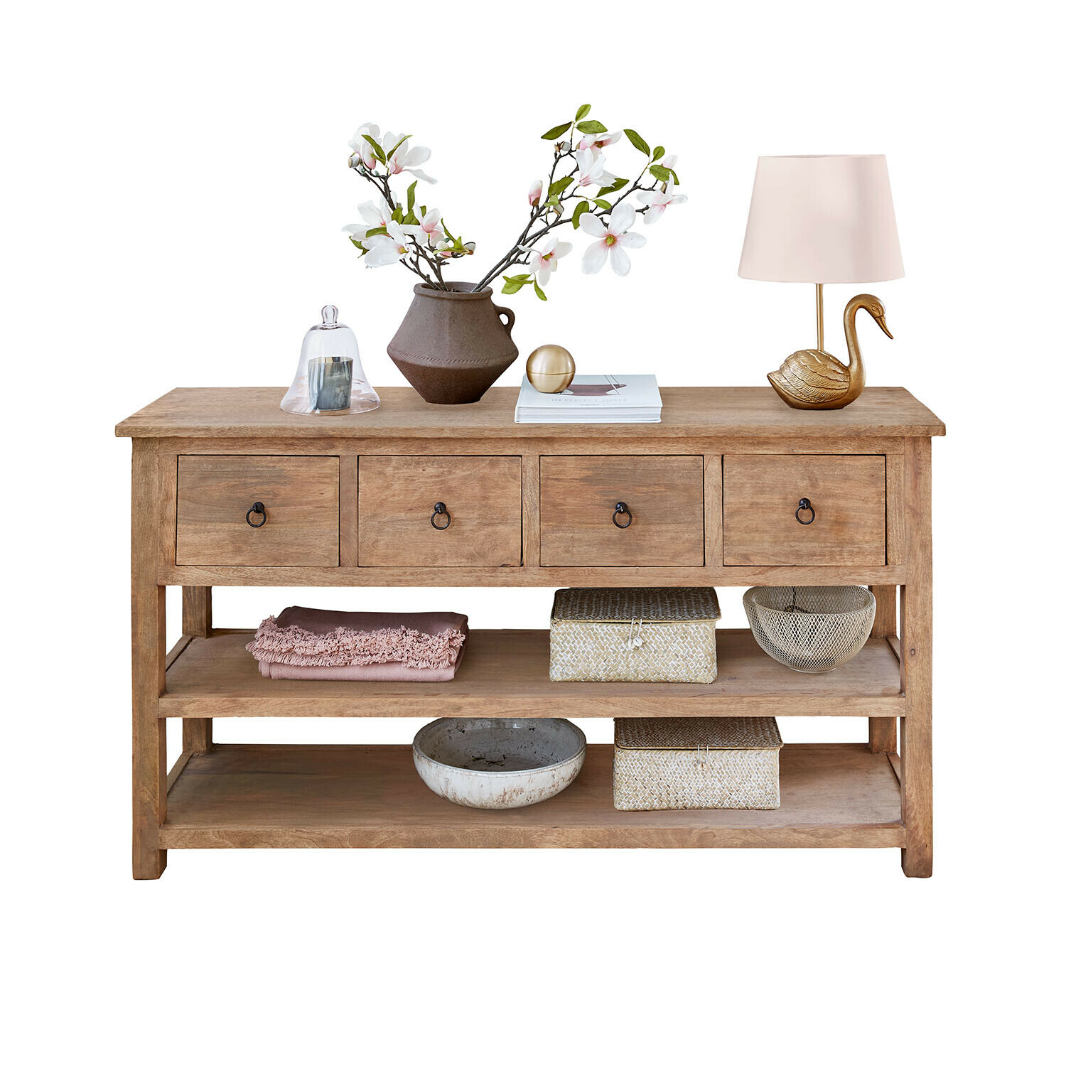 Consolle Montavelle Consolle in legno con quattro cassetti, lampada decorativa e vaso con fiori bianchi e rosa