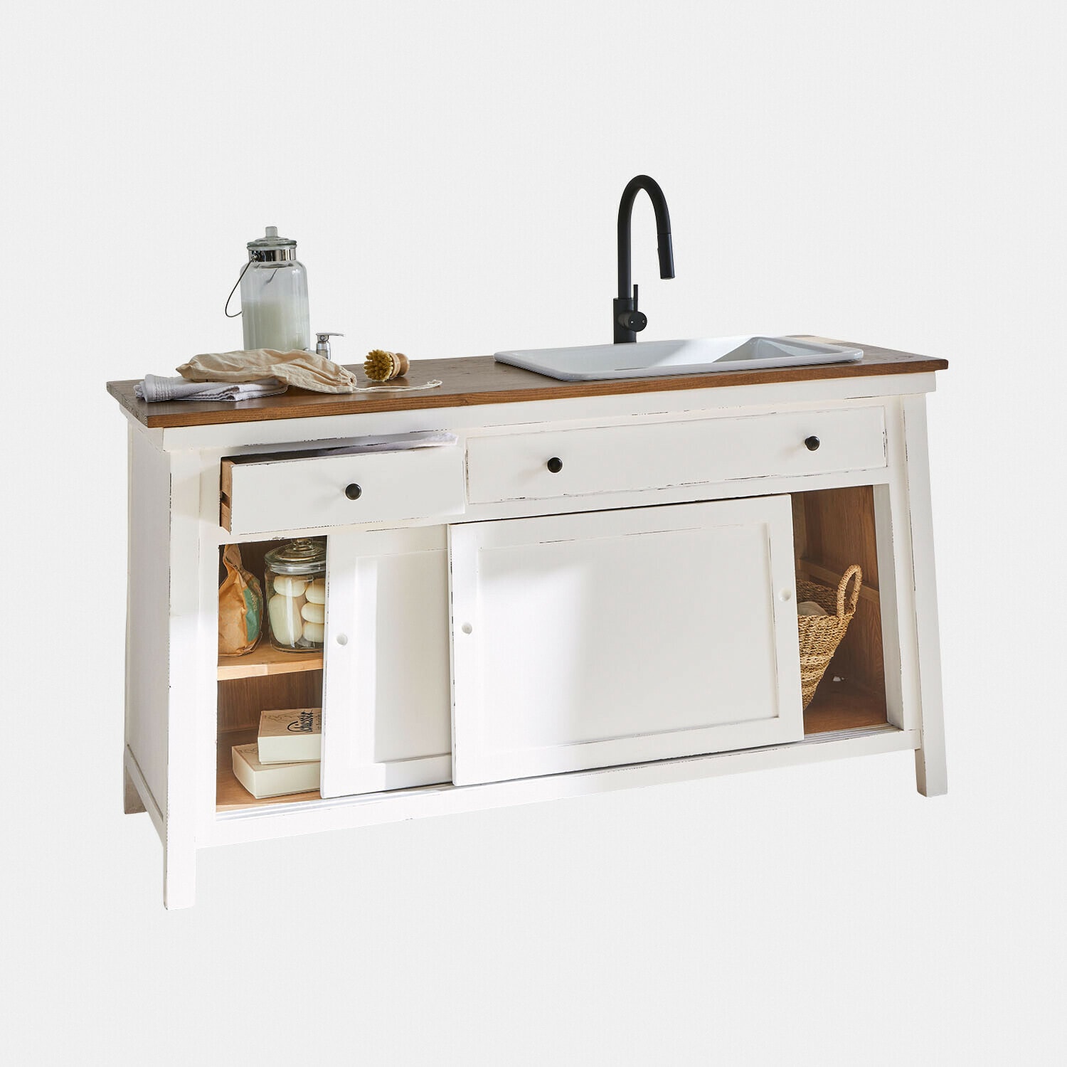 Mobile con lavabo Célaron Mobile in legno bianco con piano in legno scuro, lavabo in ceramica bianca e rubinetto nero
