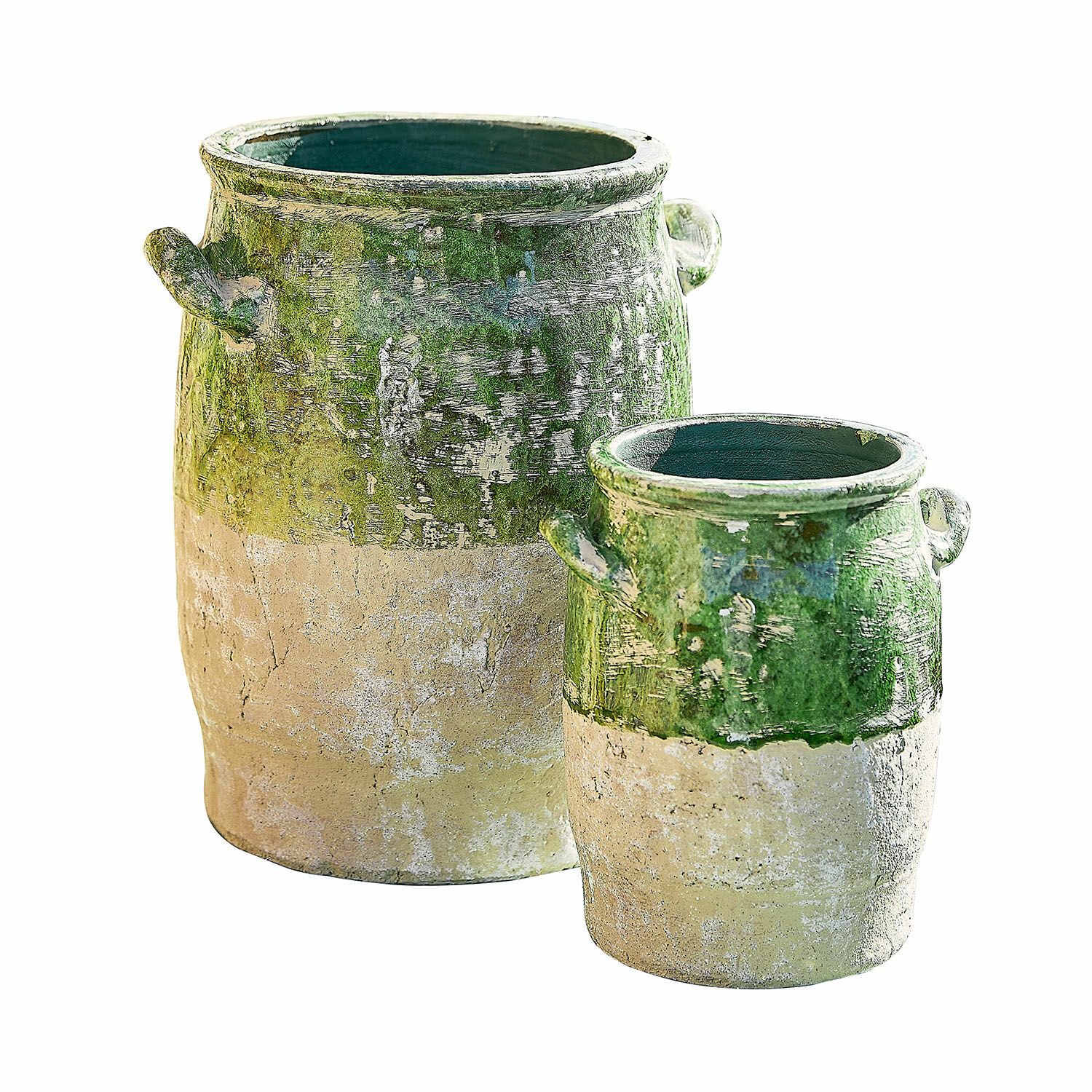 Coppia di vasi Reefton Set di due vasi in ceramica verde e beige con manici, decorazione rustica da giardino