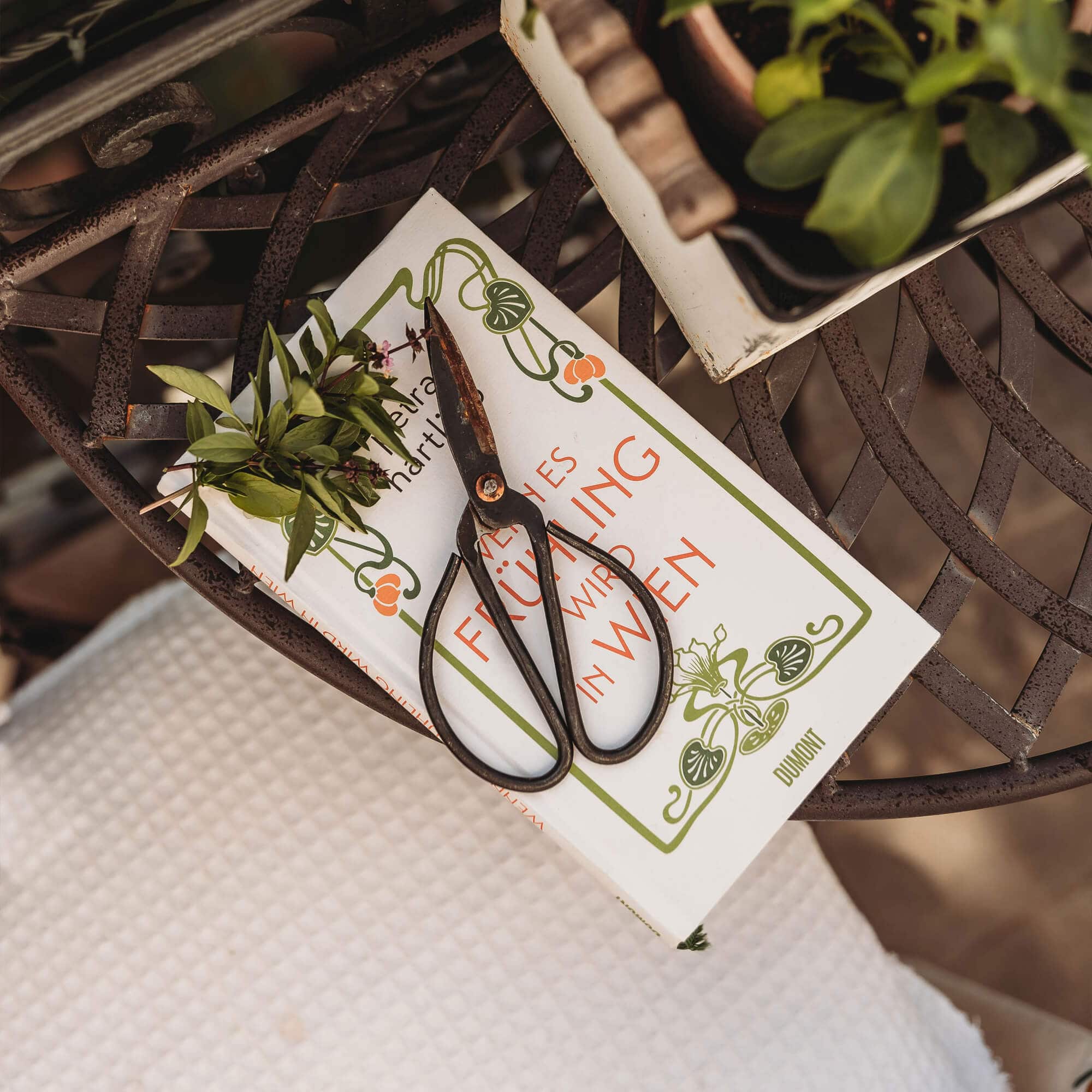 Vecchie forbici da giardino in metallo su libro primaverile su tavolo metallico rustico