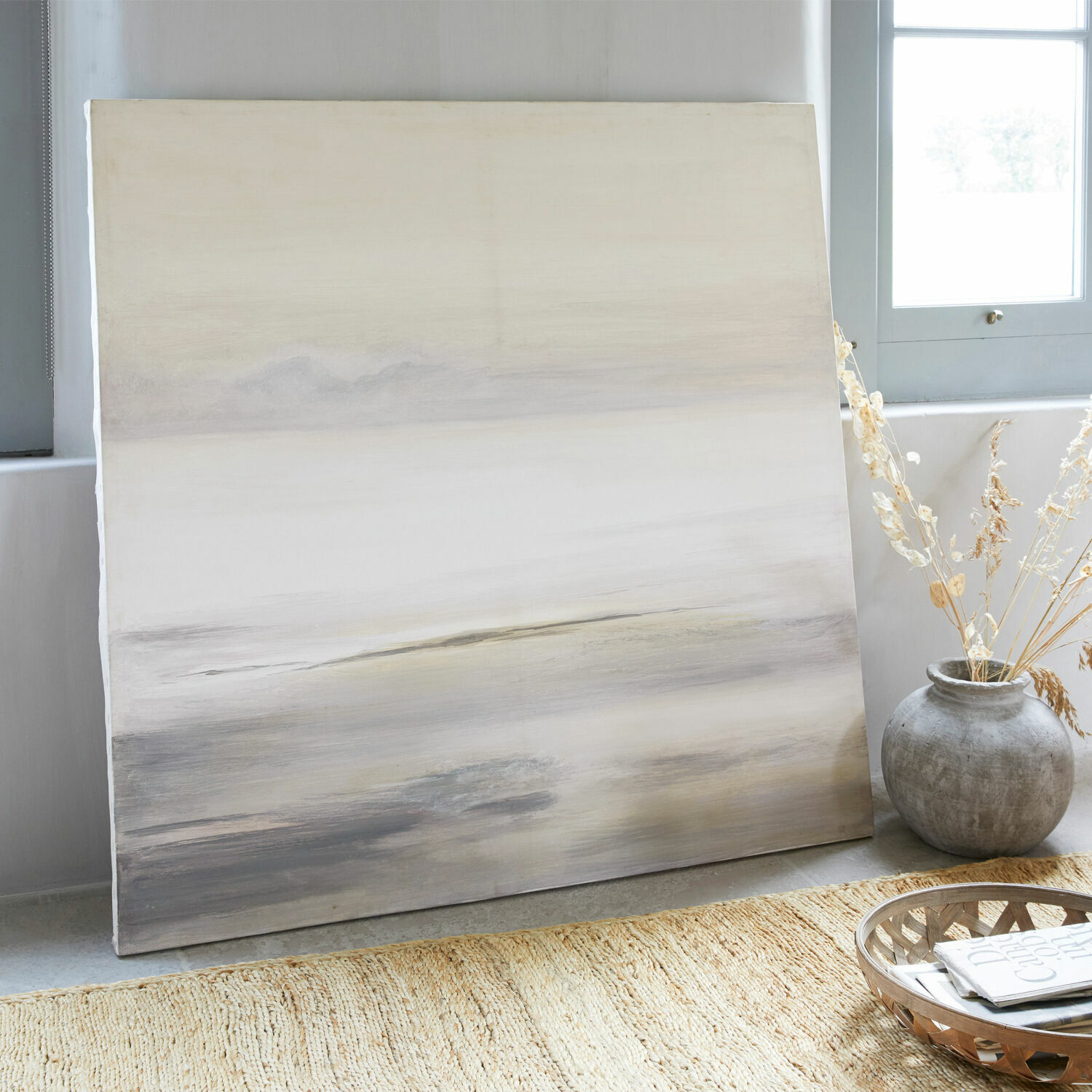 Quadro La Calera Quadro decorativo in tonalità beige e grigio su tela, decorazione moderna per interni