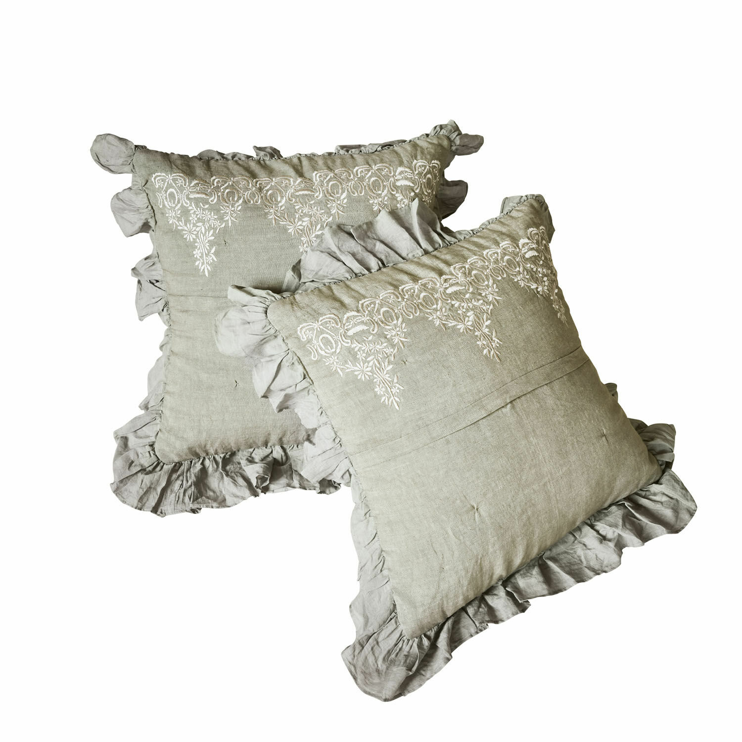 Coppia di copricuscini Therese Set di due cuscini decorativi in lino grigio con ricamo e volant per arredamento