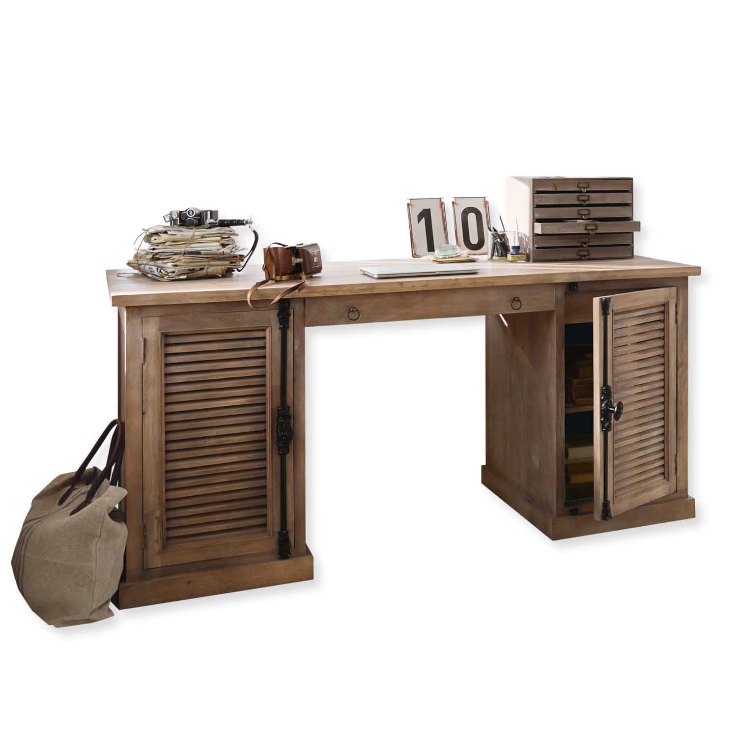 Scrivania Woodmore Scrivania in legno di mango colore naturale con cassetti e armadietti per conservare documenti