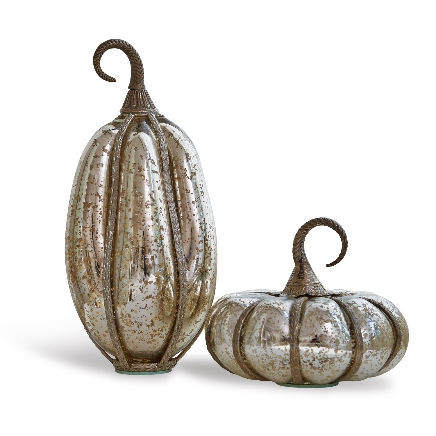Coppia di zucche Kiyo Zucca decorativa in vetro e metallo color argento con finitura antica per decorazioni autunnali