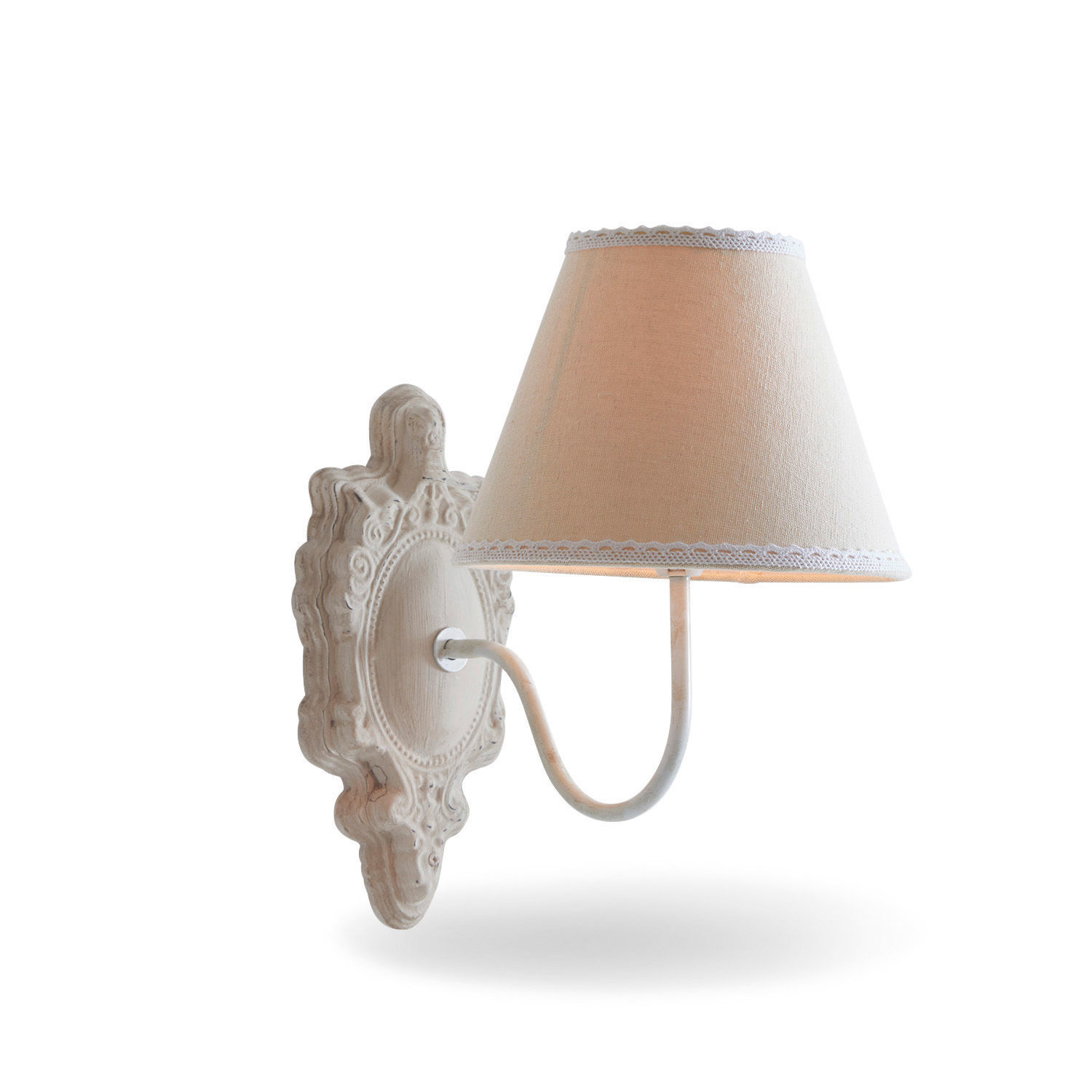 Lampada da parete Ascoux Applique da parete bianca con paralume in tessuto e base in legno decorata, stile vintage