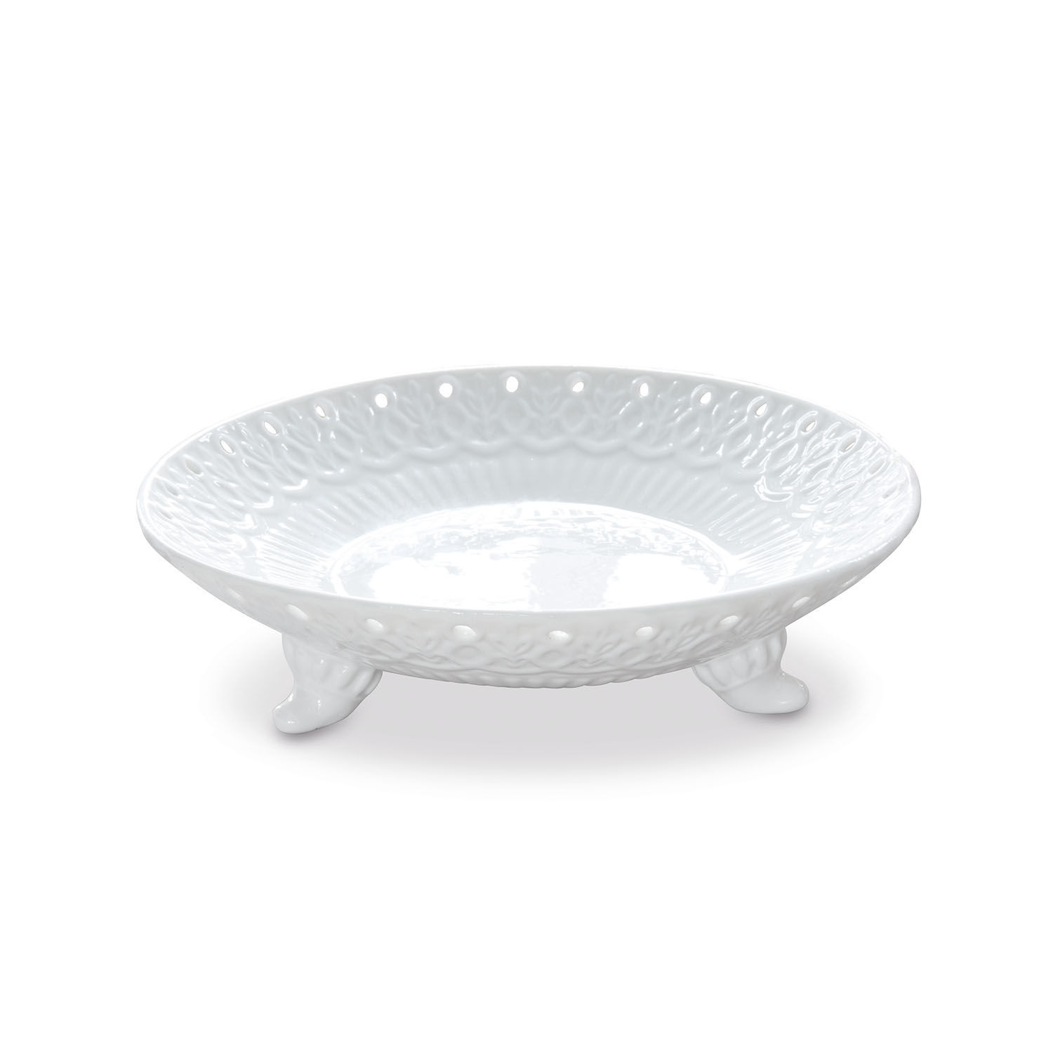 Ciotola Fanglorn Piatto in ceramica bianca su tre piedini con motivo decorativo, ideale per servire e decorare