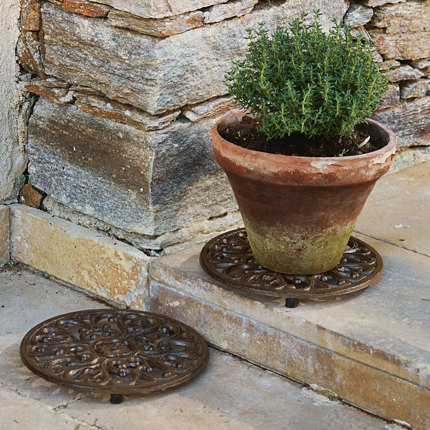 Coppia di sottopentola multiuso Winton Sottopiatto rotondo in ghisa marrone con motivo decorativo, ideale per piante da giardino