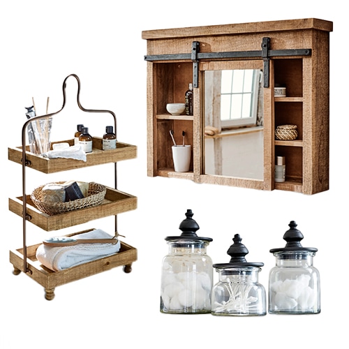 Set bagno in legno con specchio, mensola, porta asciugamani e barattoli di vetro per cosmetici