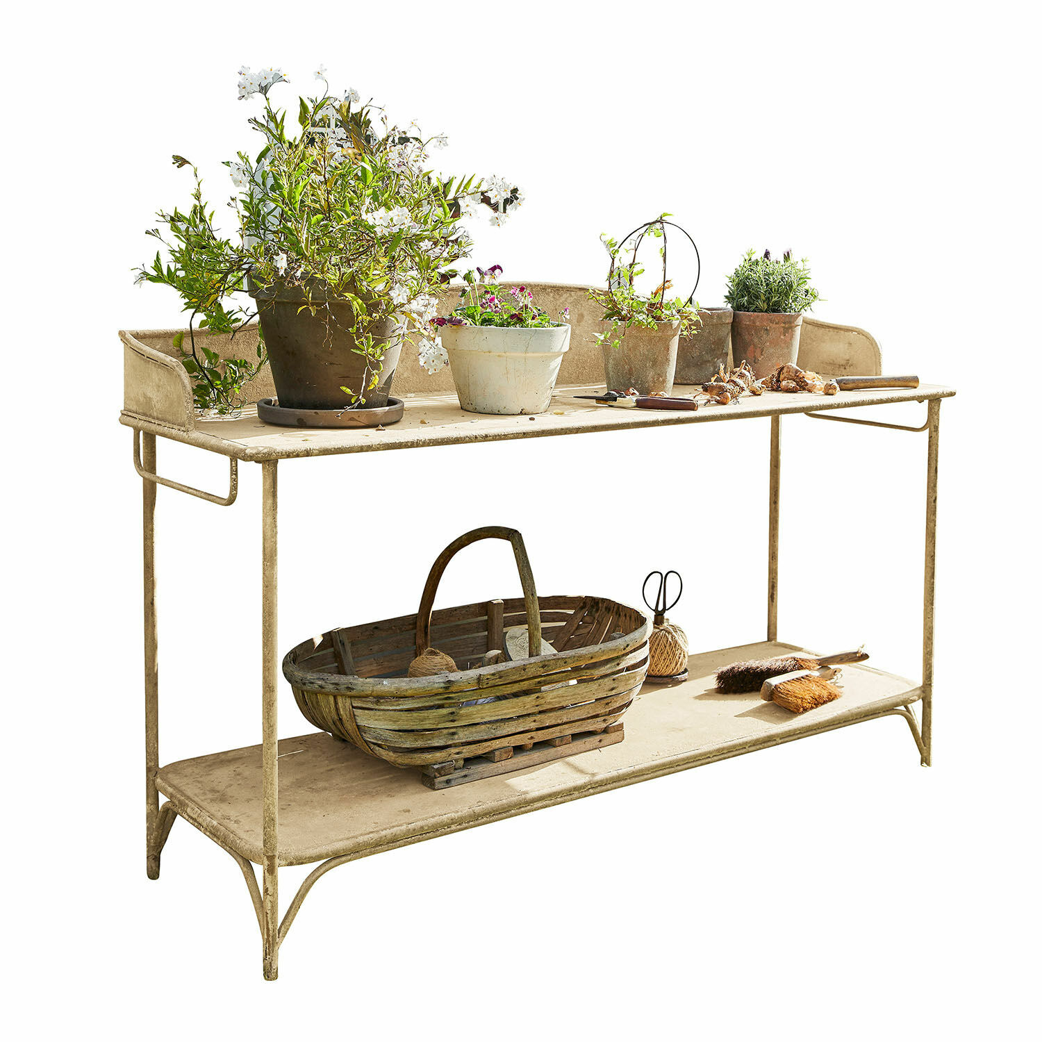 Tavolo per piante Banners Tavolo da giardino in metallo beige con vasi e cesta in vimini per giardinaggio