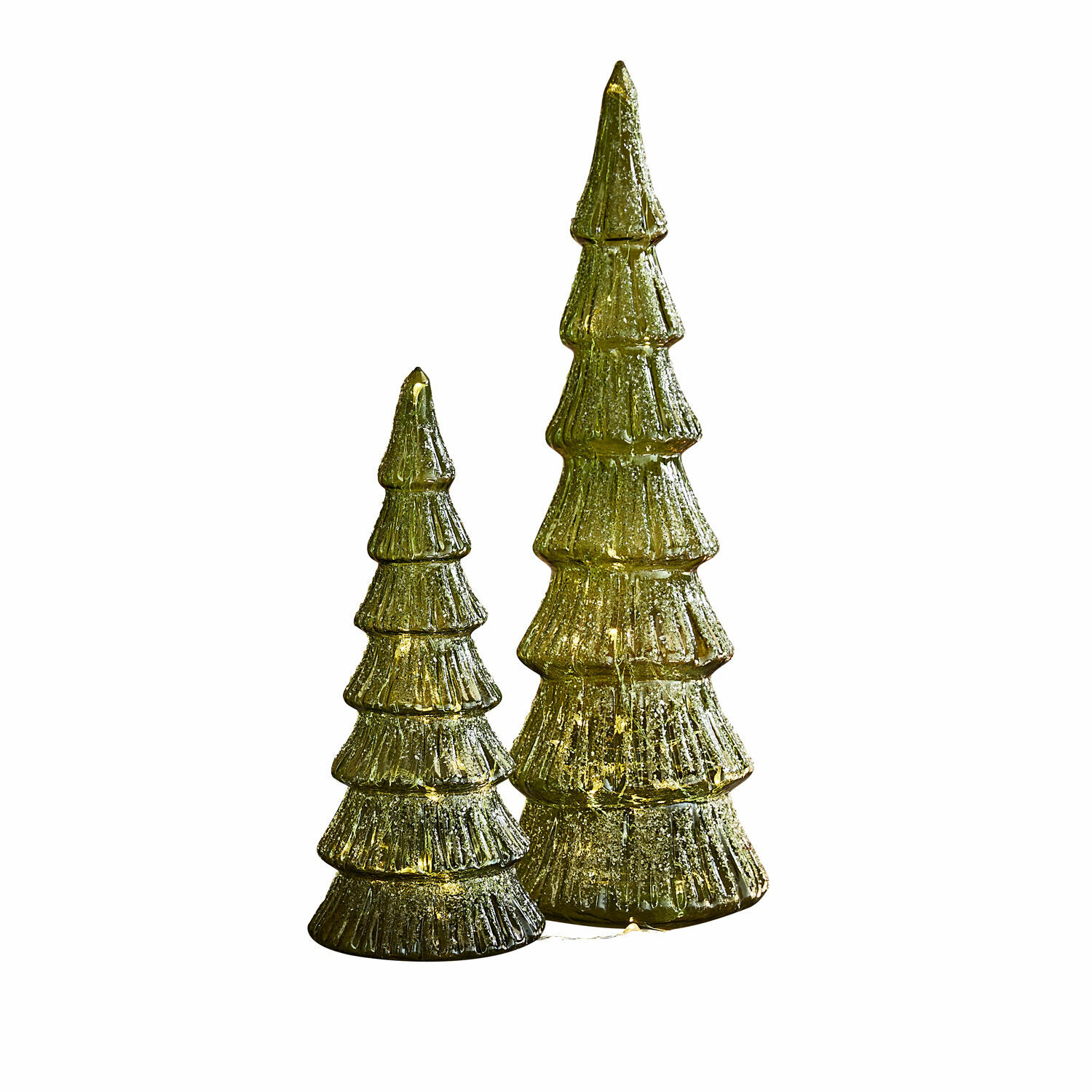 Coppia di alberi di Natale a LED Merrton Due decorazioni natalizie verdi in vetro con luci LED, ideali per l'arredamento festivo della casa.