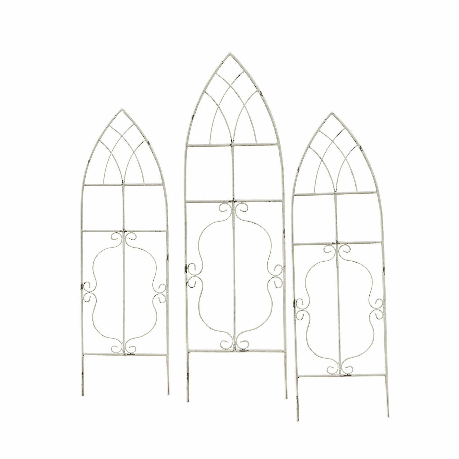 Set di 3 tralicci per rampicanti Halexin Set di tre grigliati da giardino in metallo bianco con motivo decorativo e forma ad arco